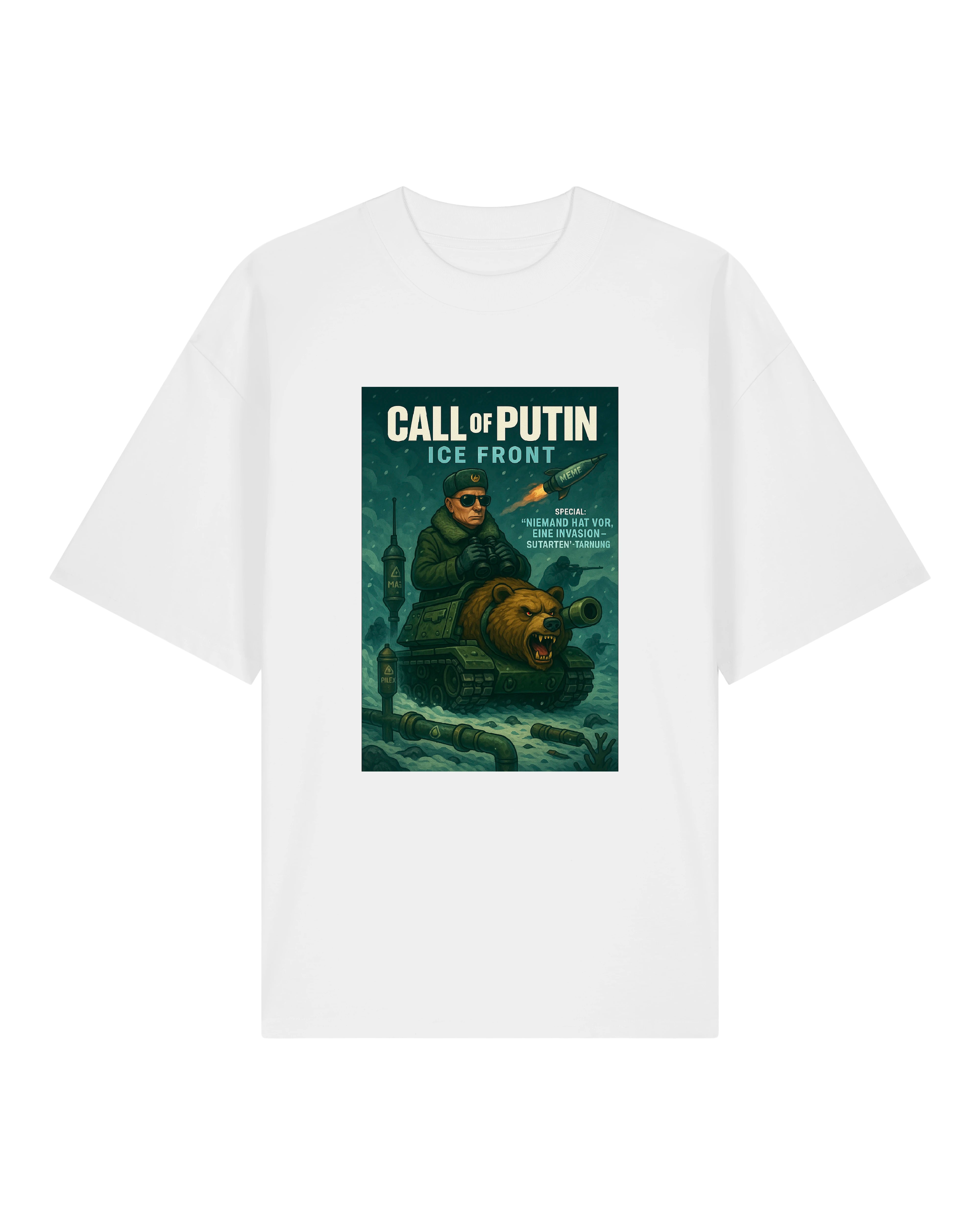 Weißes T-Shirt mit dem Design „Call of Putin – Ice Front“, zeigt Putin auf einem Panzer mit Bärenkopf im Eislandschafts-Setting.