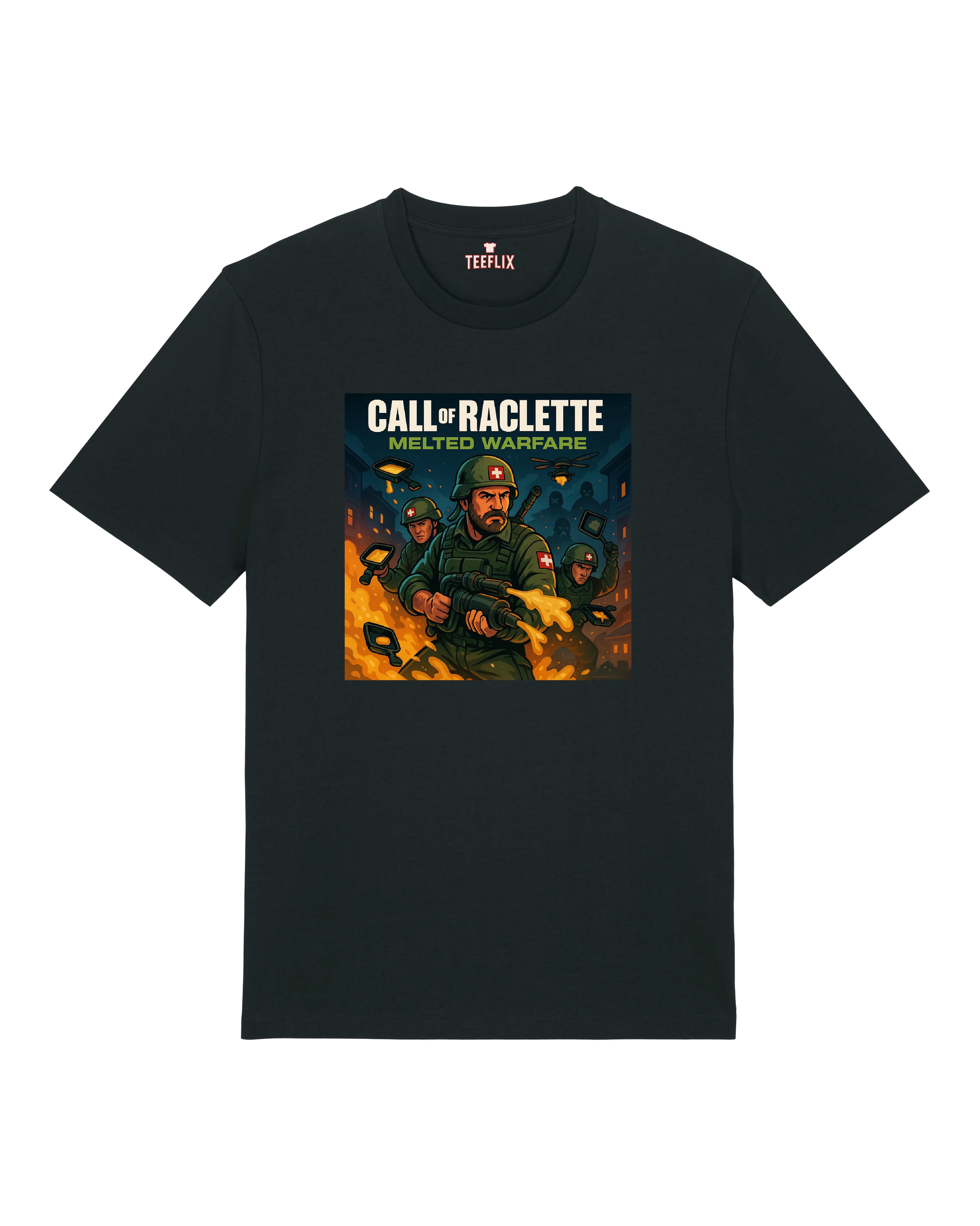 Schwarzes T-Shirt mit „Call of Raclette – Melted Warfare“-Design. Schweizer Soldaten mit Raclette-Schmelzwerfern im Comic-Stil.