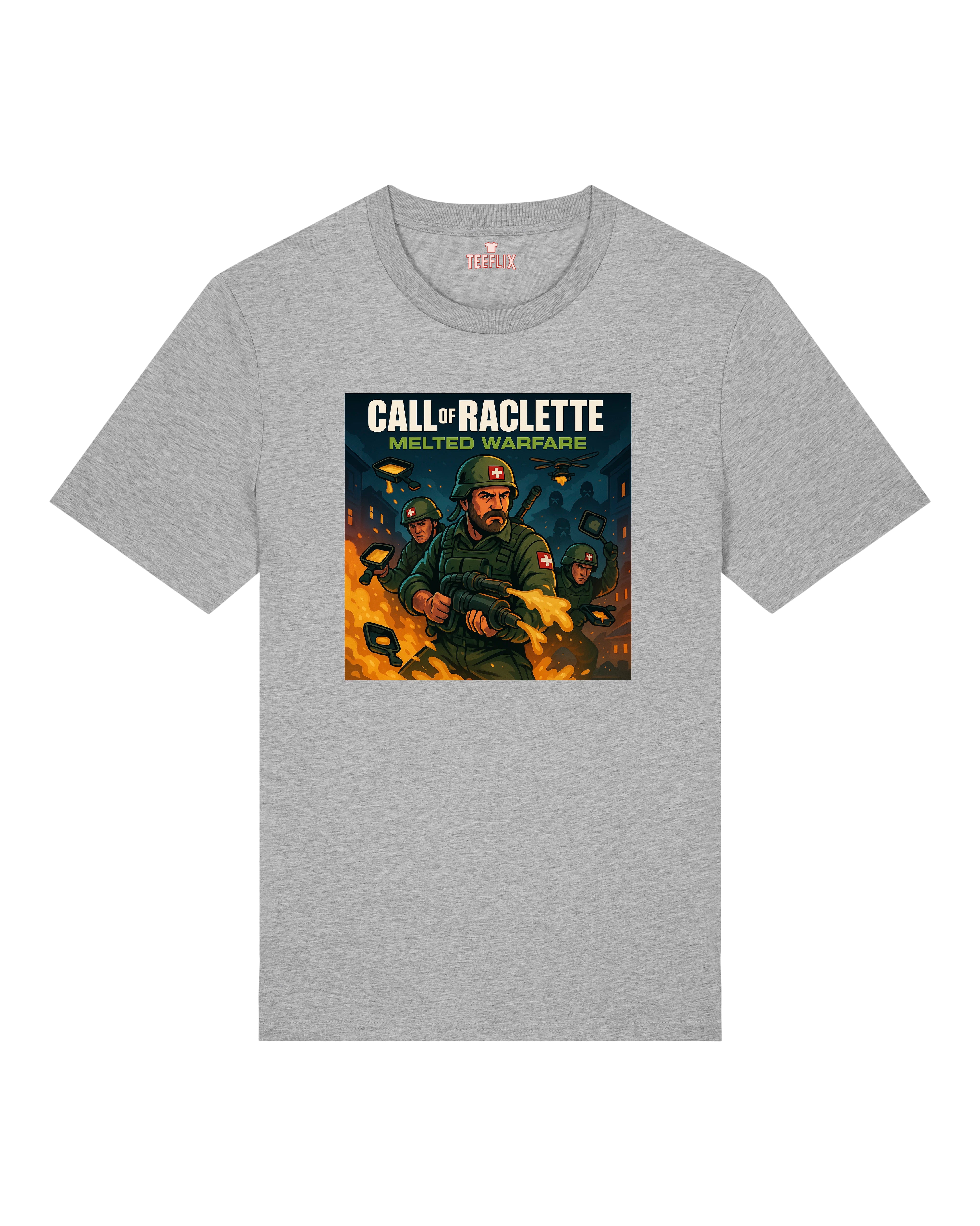 Graues T-Shirt mit „Call of Raclette“-Aufdruck. Perfekt für Fans von absurdem Humor und geschmolzenem Käse.