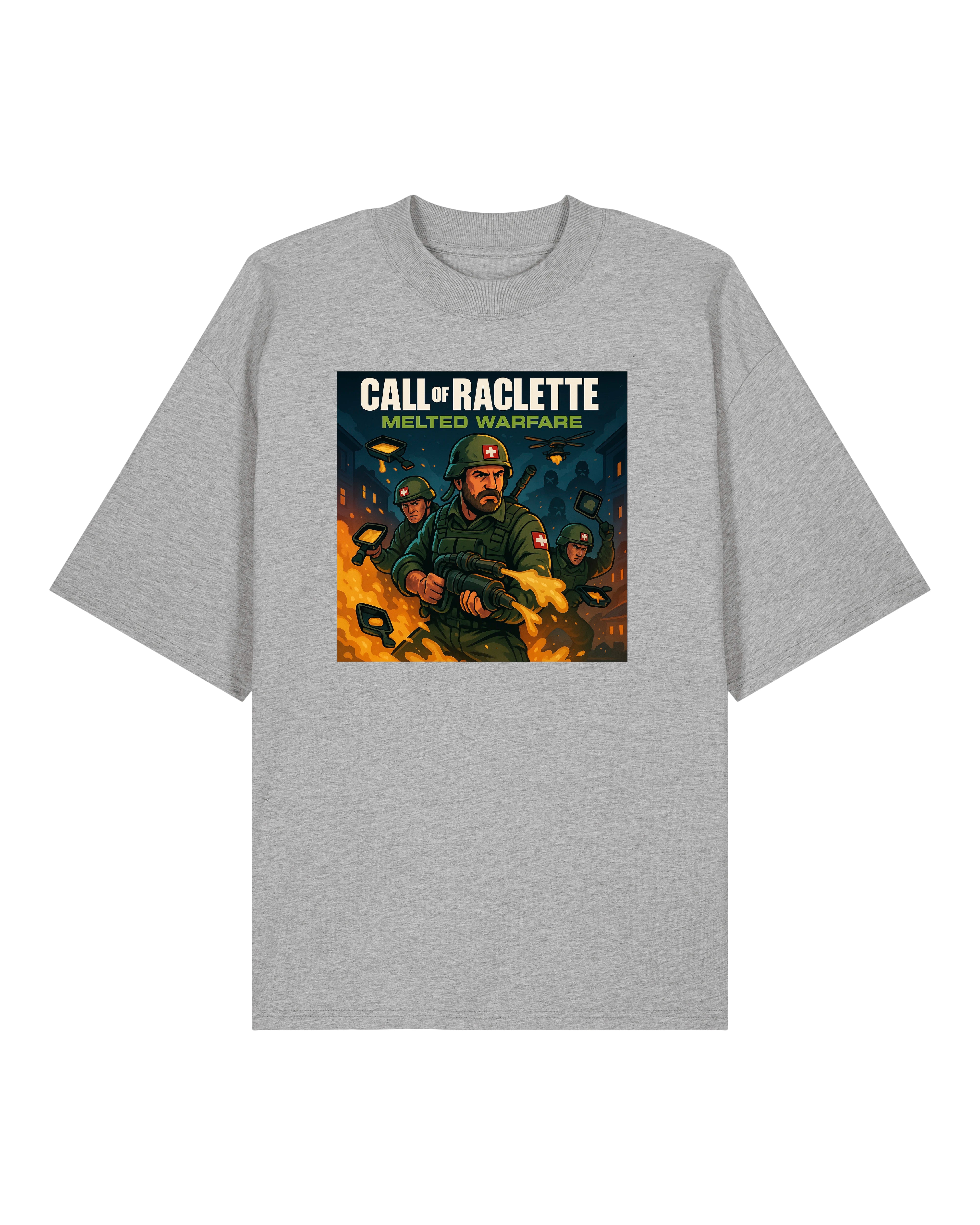 Graues T-Shirt mit „Call of Raclette“-Aufdruck. Perfekt für Fans von absurdem Humor und geschmolzenem Käse.