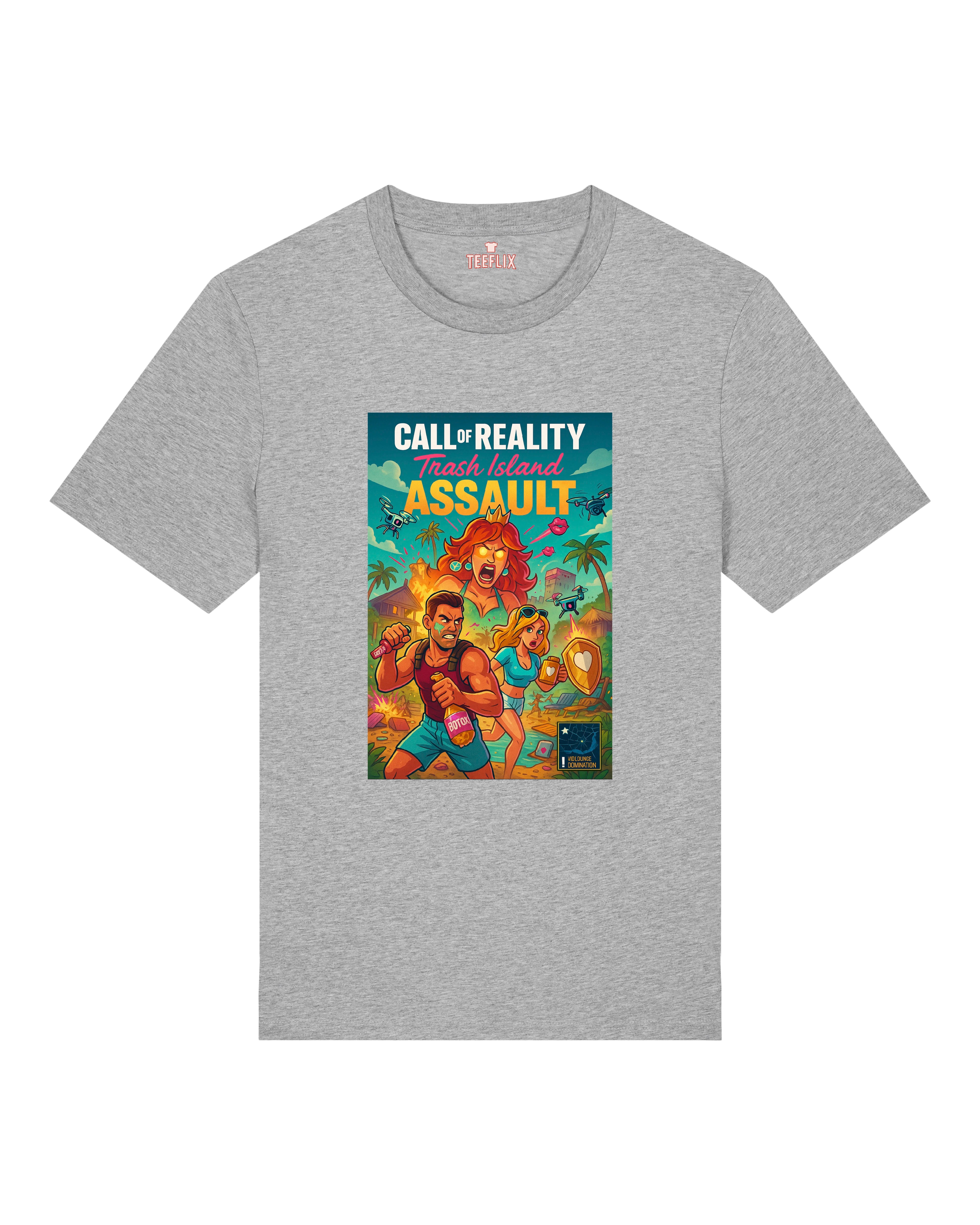Graues Shirt mit Reality-TV-Parodie: Comicfiguren mit Sektflasche, Herzsymbolen und dramatischem Gesichtsausdruck.
