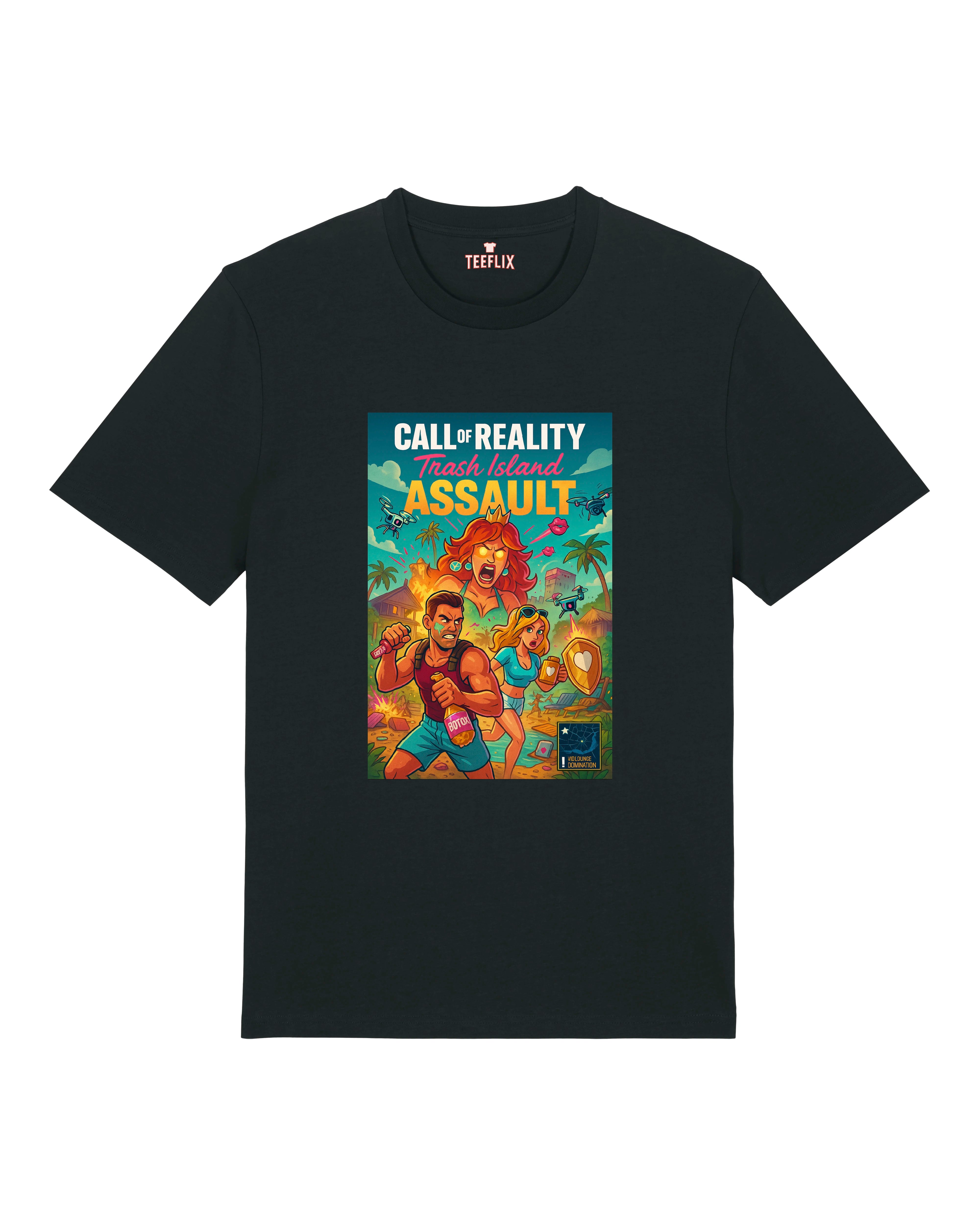 Schwarzes T-Shirt mit „Call of Reality – Trash Island Assault“-Design, zeigt trashige TV-Figuren in tropischer Apokalypse.