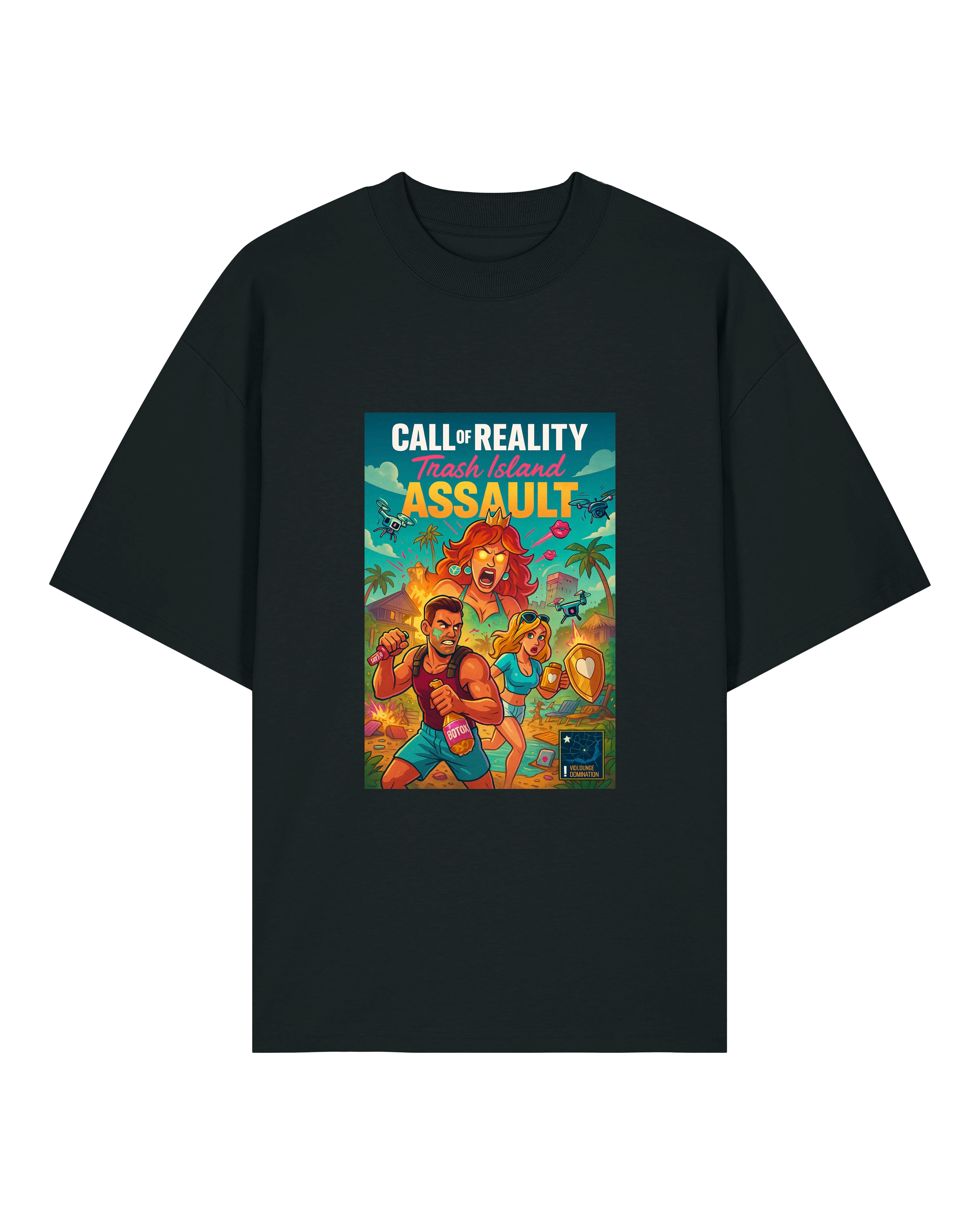 Schwarzes T-Shirt mit „Call of Reality – Trash Island Assault“-Design, zeigt trashige TV-Figuren in tropischer Apokalypse.