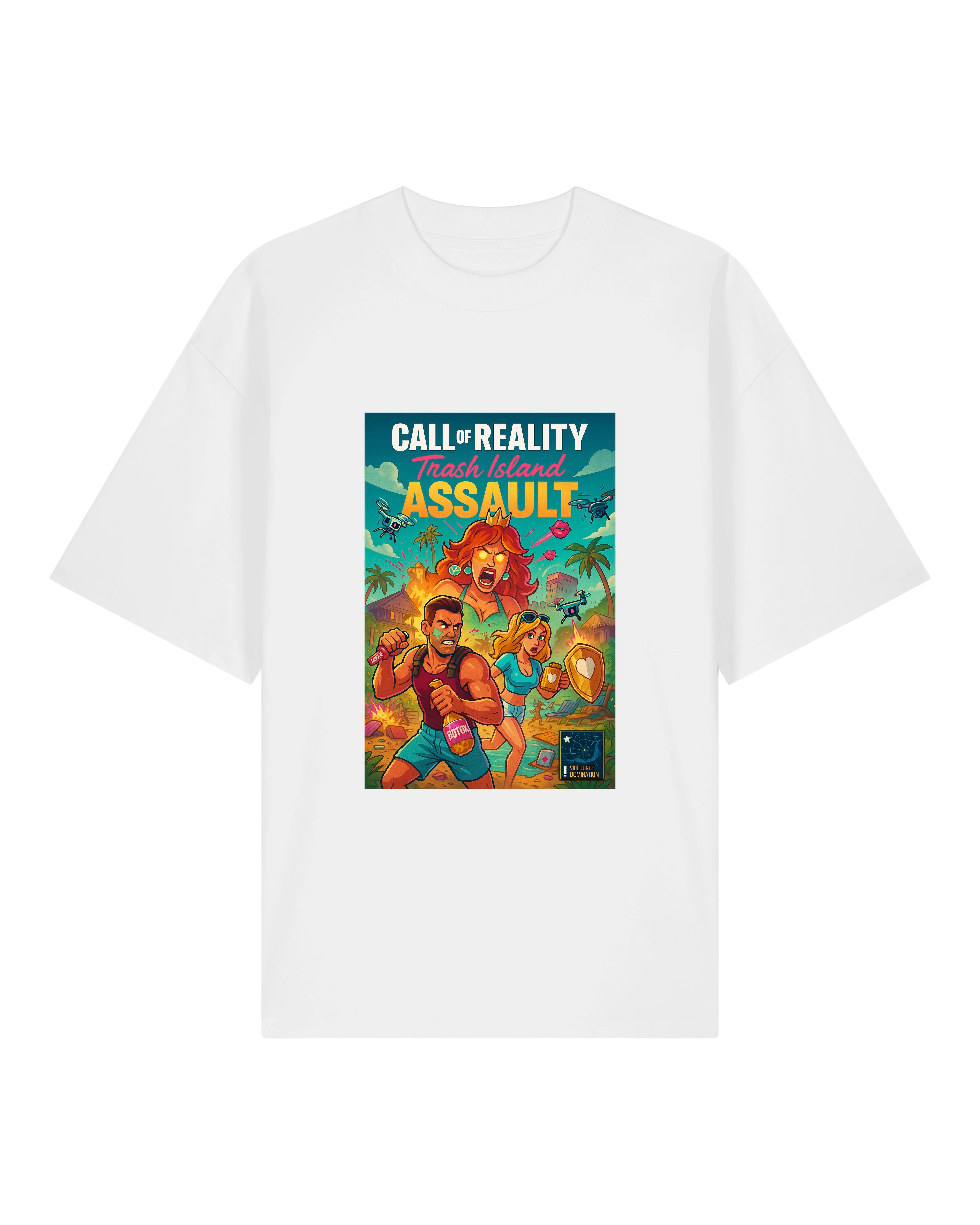 Weißes T-Shirt mit farbenfrohem Insel-Chaos-Motiv, perfekt für ironische Popkultur-Looks.