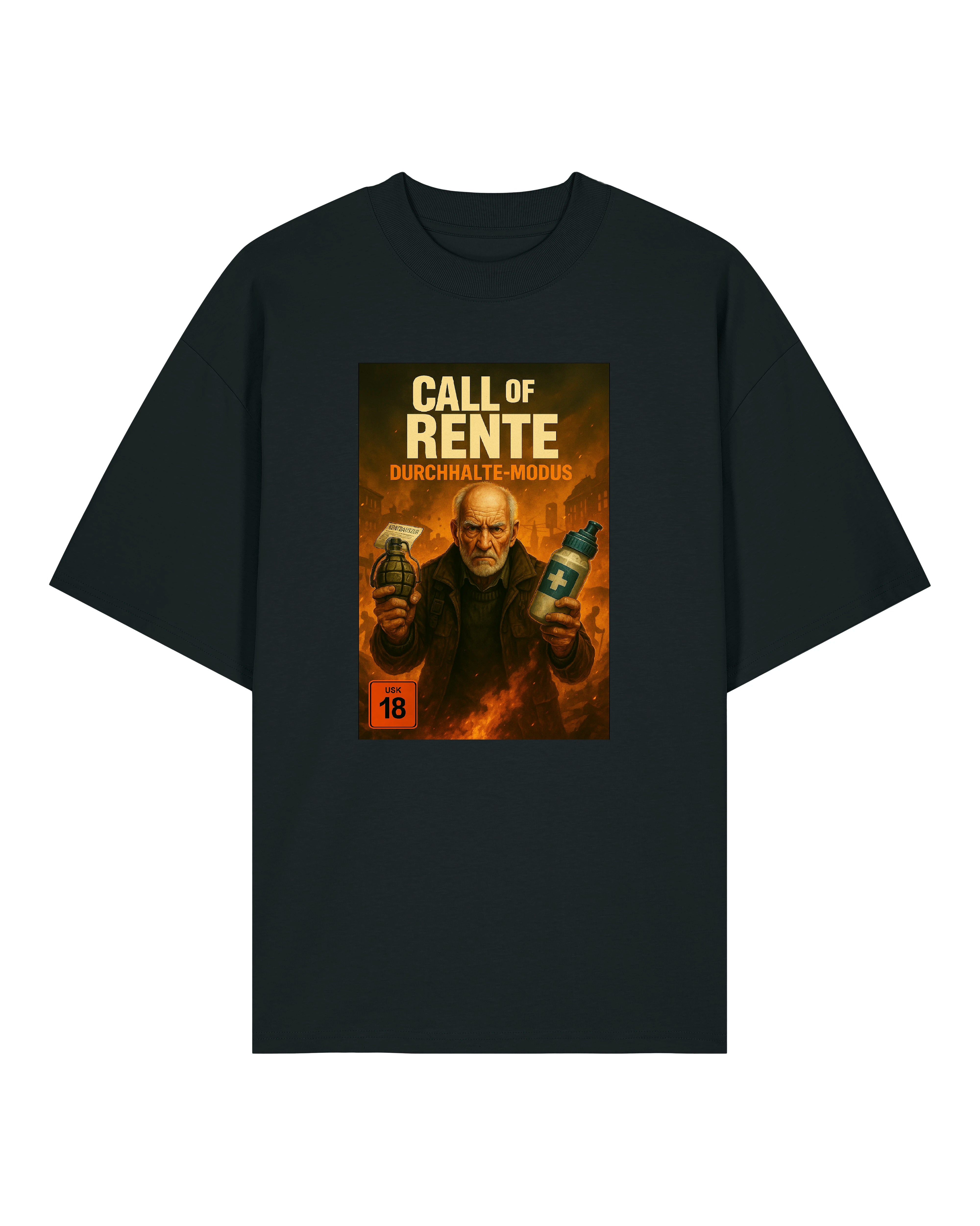 Schwarzes T-Shirt mit Call of Rente – Durchhalte-Modus Design, humorvoller Rentner im Action-Gaming-Stil