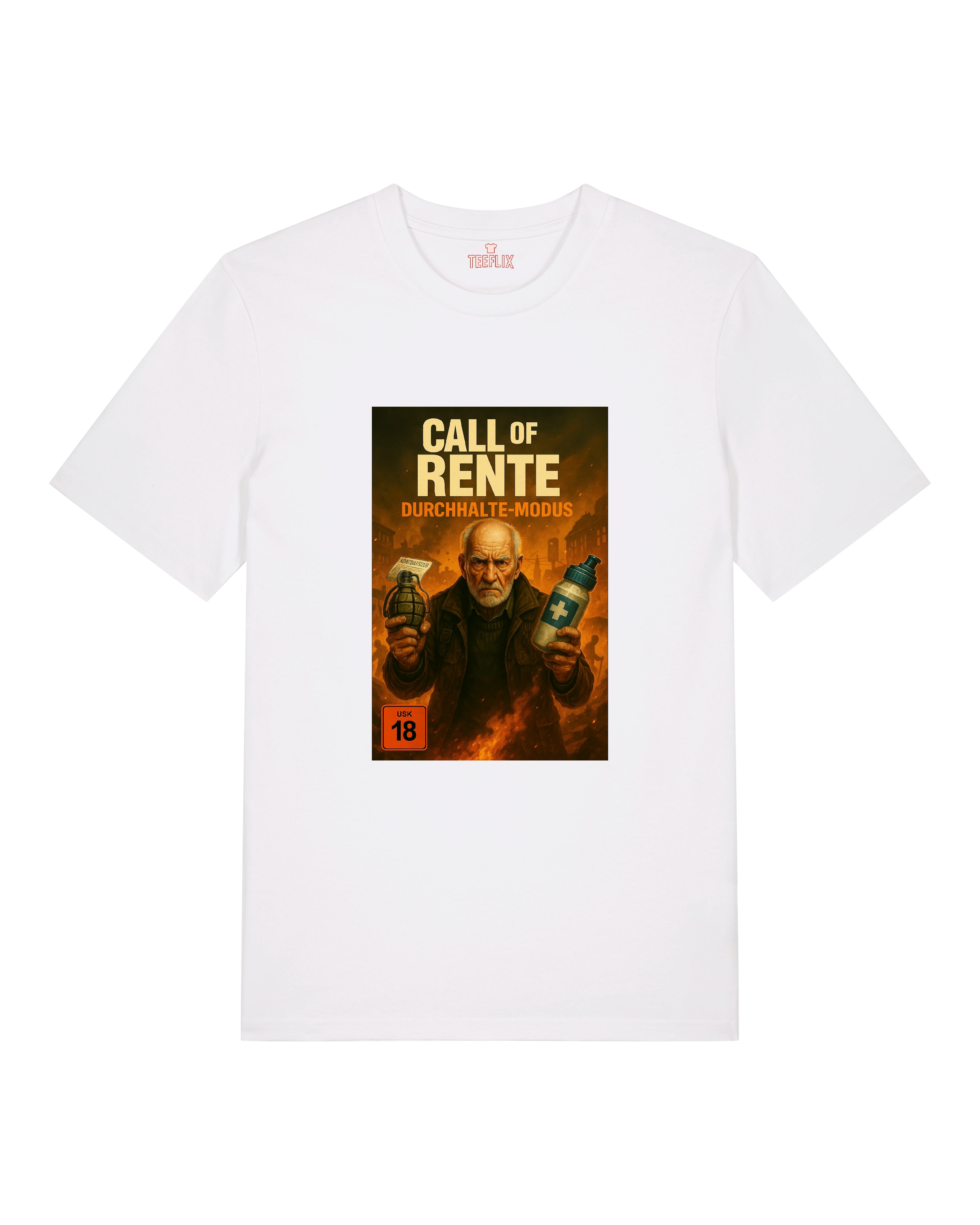 Weißes T-Shirt mit Call of Rente – Durchhalte-Modus Grafik, witziges Rentner-Motiv inspiriert von Videospielen