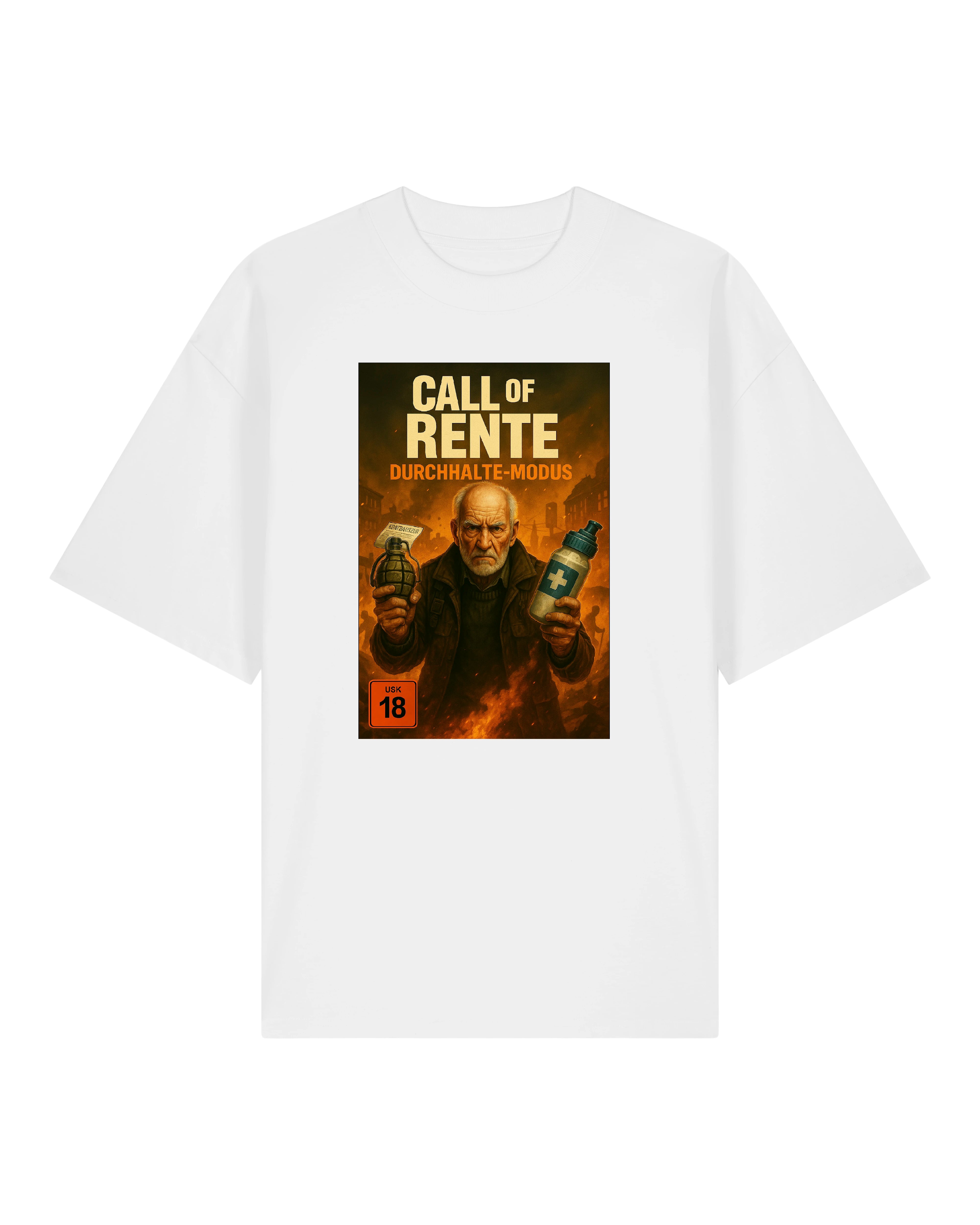 Weißes T-Shirt mit Call of Rente – Durchhalte-Modus Grafik, witziges Rentner-Motiv inspiriert von Videospielen