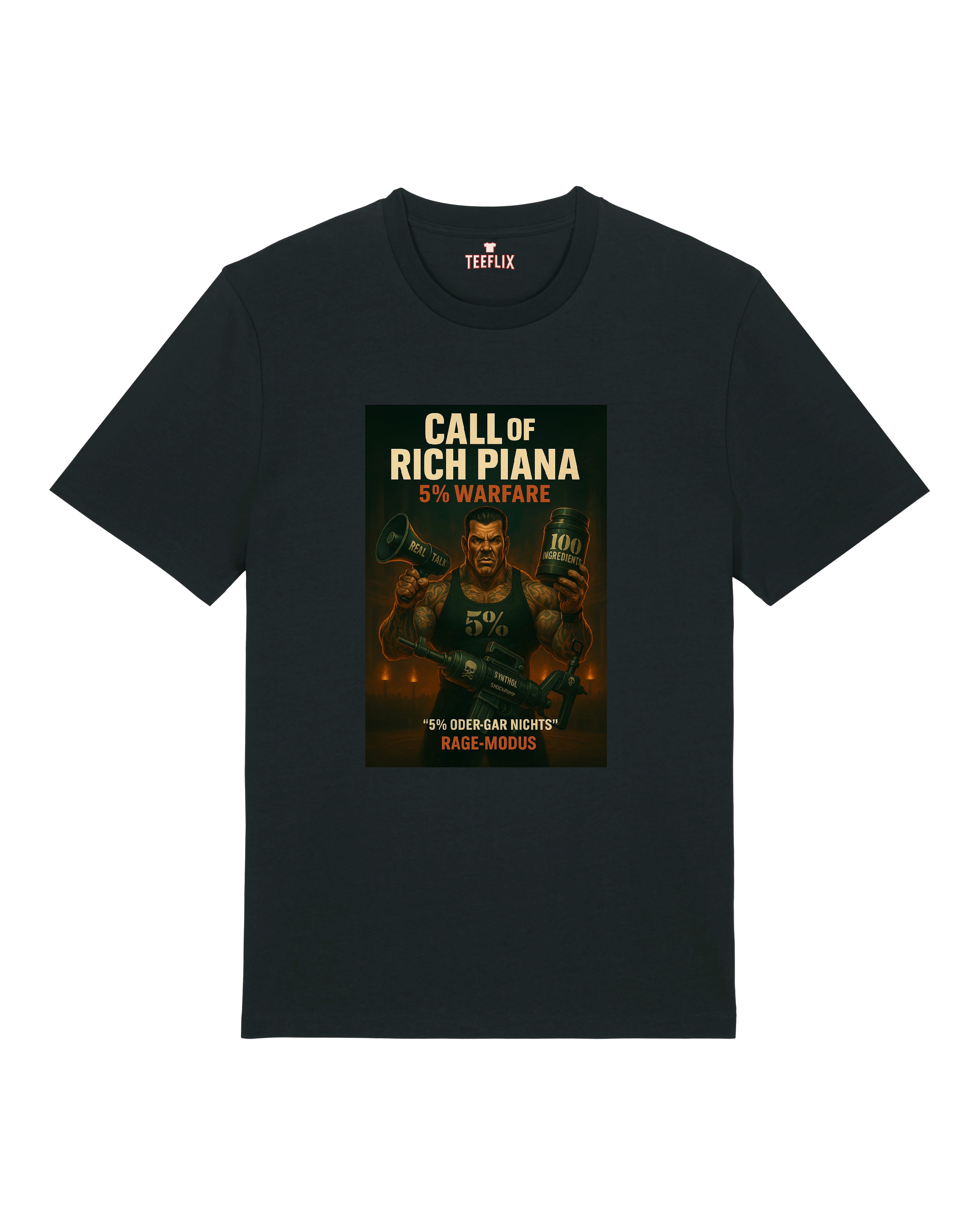 Schwarzes T-Shirt mit „Call of Rich Piana – 5% Warfare“-Print: muskulöser Mann mit Shaker und Supplementdose in düsterer Kulisse.
