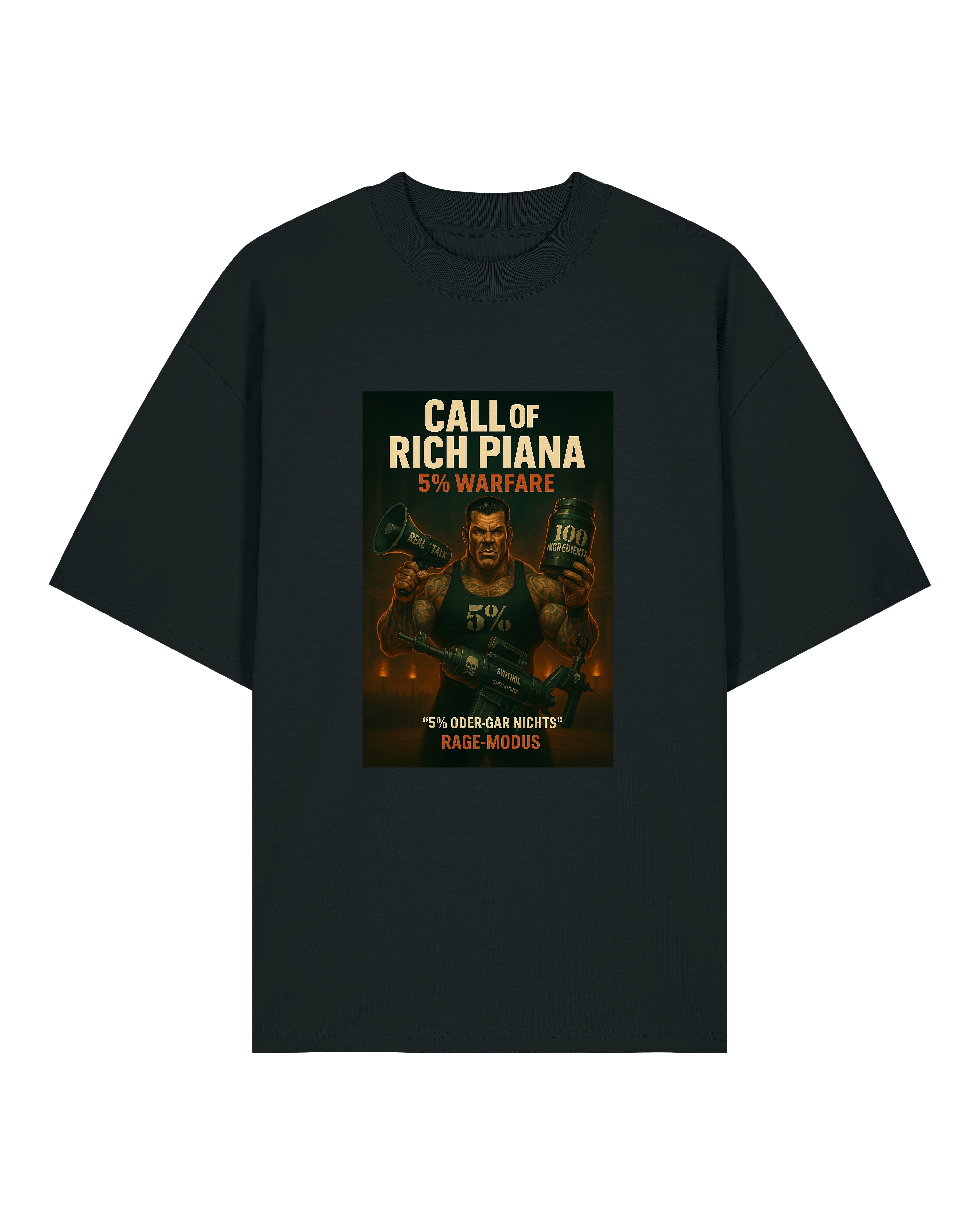 Schwarzes T-Shirt mit „Call of Rich Piana – 5% Warfare“-Print: muskulöser Mann mit Shaker und Supplementdose in düsterer Kulisse.