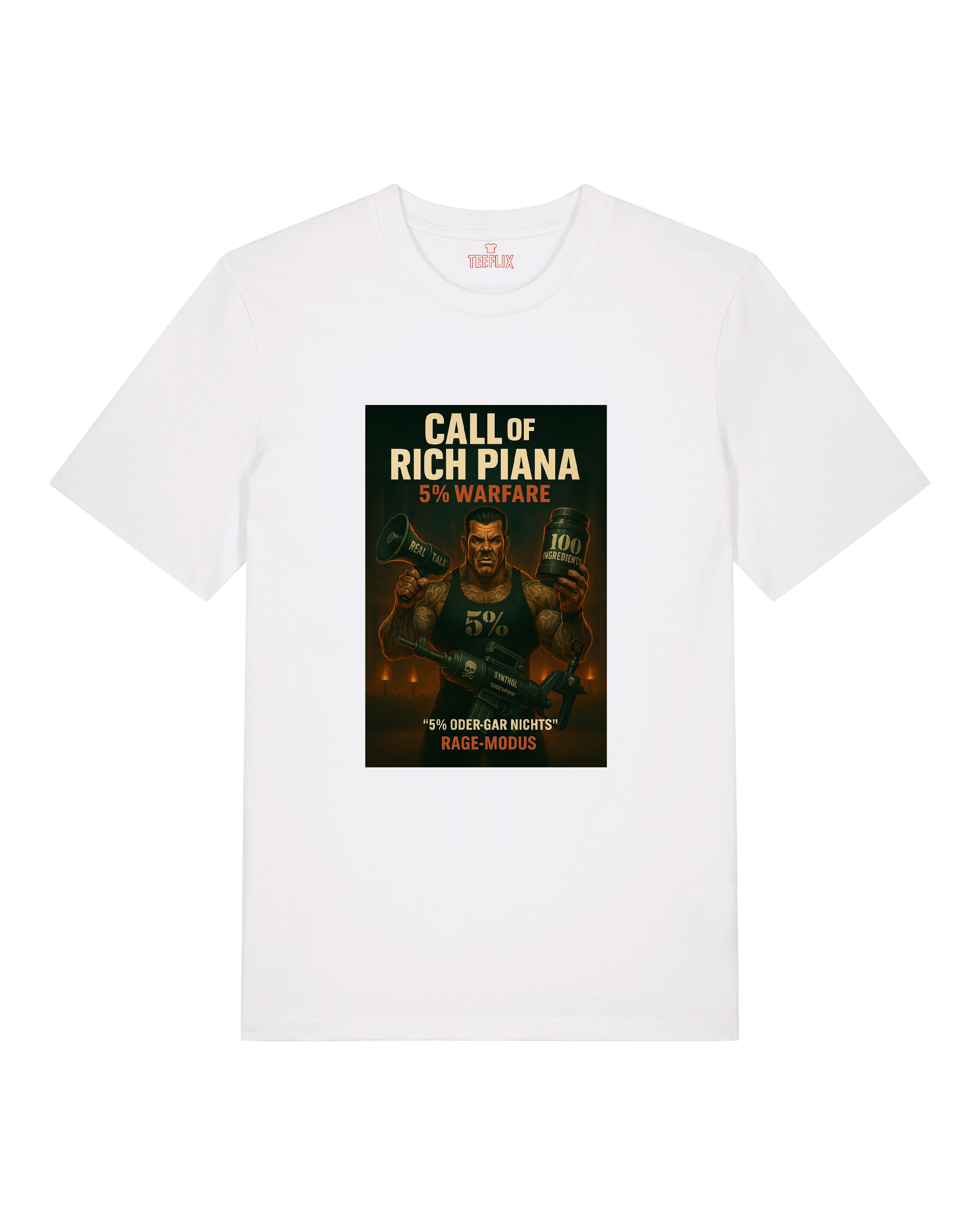 Weißes Shirt mit Bodybuilding-Motiv: Cartoonstil, große Muskeln, Gym-Thema, Rage-Optik.