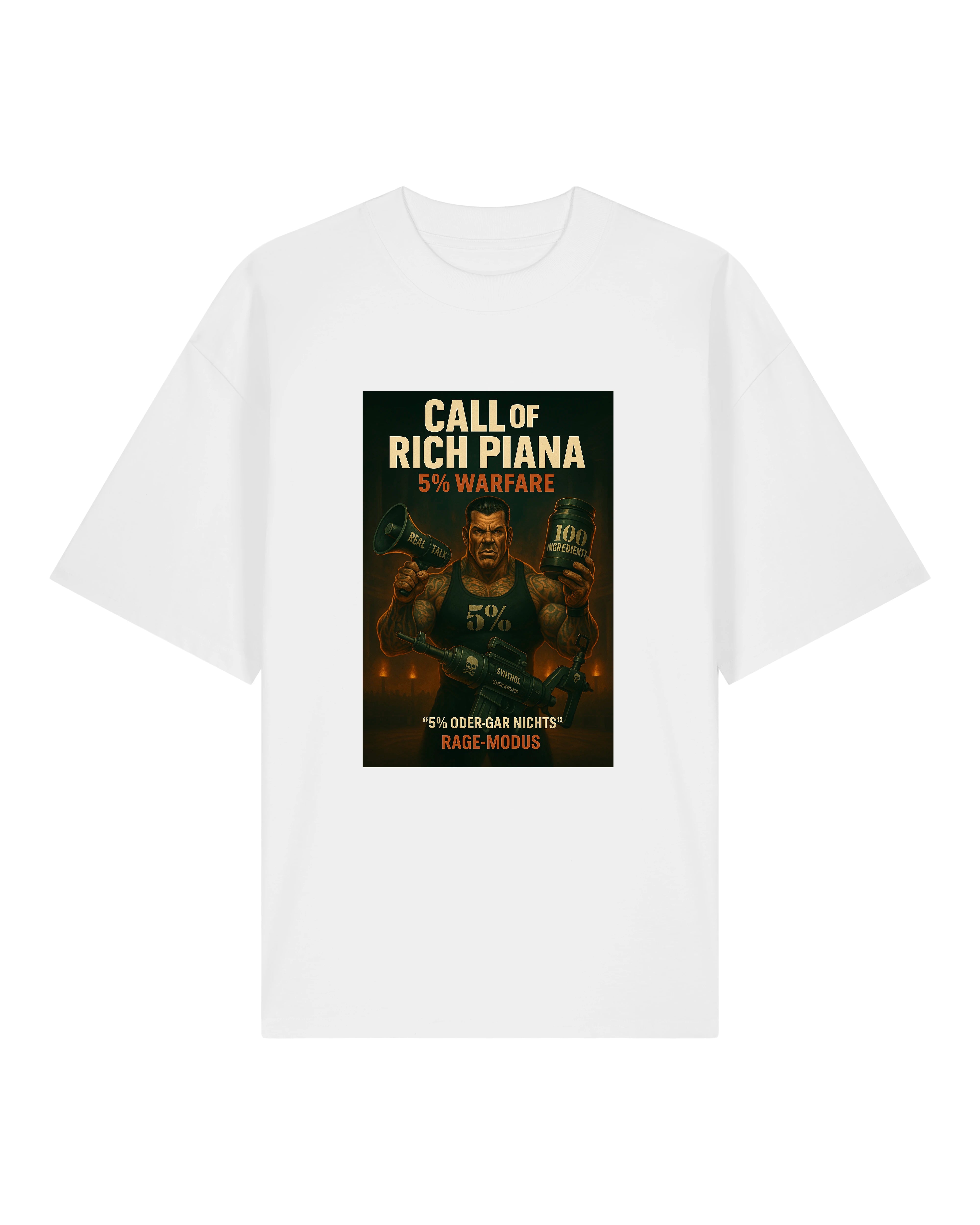 Weißes Shirt mit Bodybuilding-Motiv: Cartoonstil, große Muskeln, Gym-Thema, Rage-Optik.