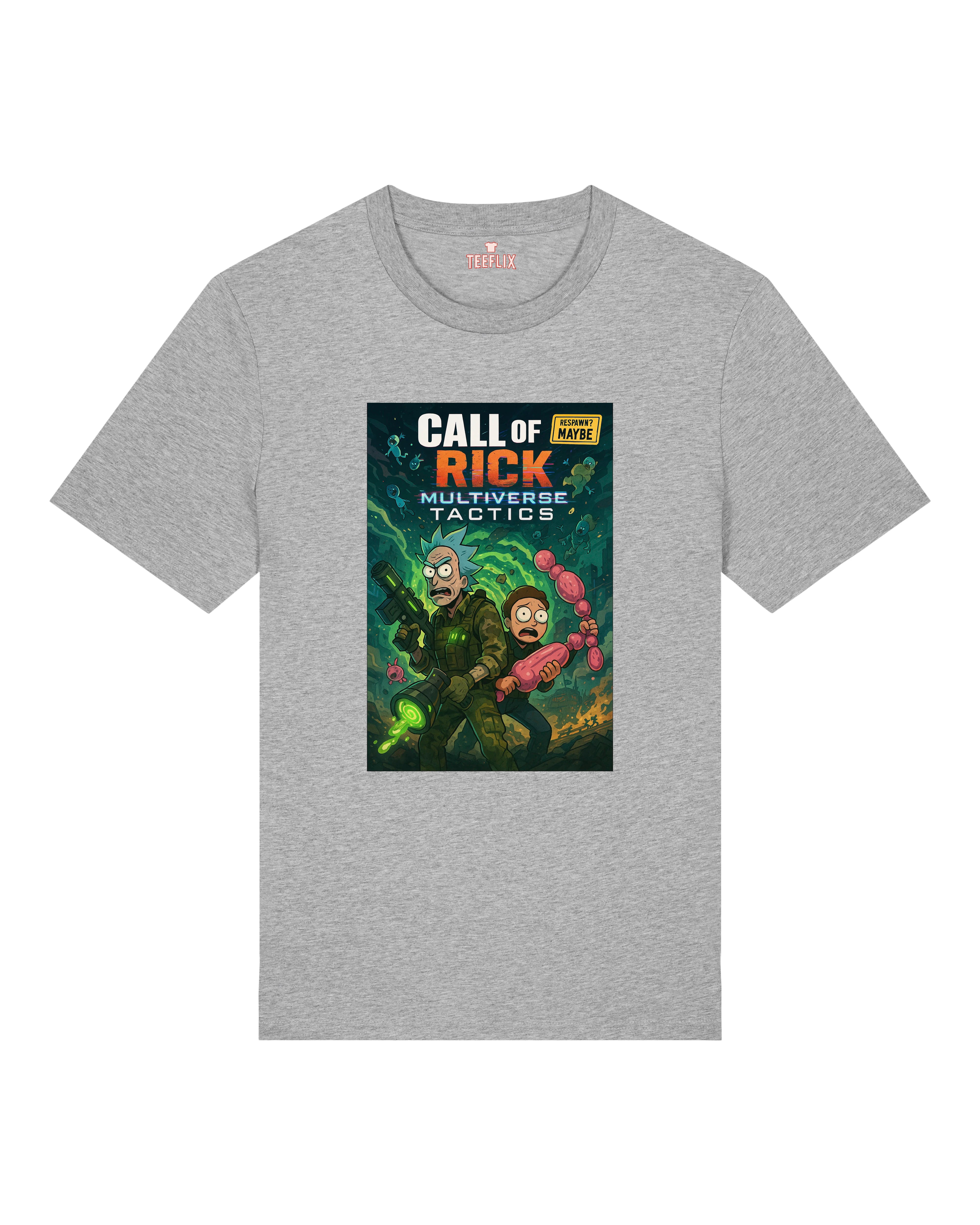 Graues T-Shirt mit farbenfrohem Comicprint zweier Charaktere in Action-Pose – inspiriert von Gaming und animierten Serien.
