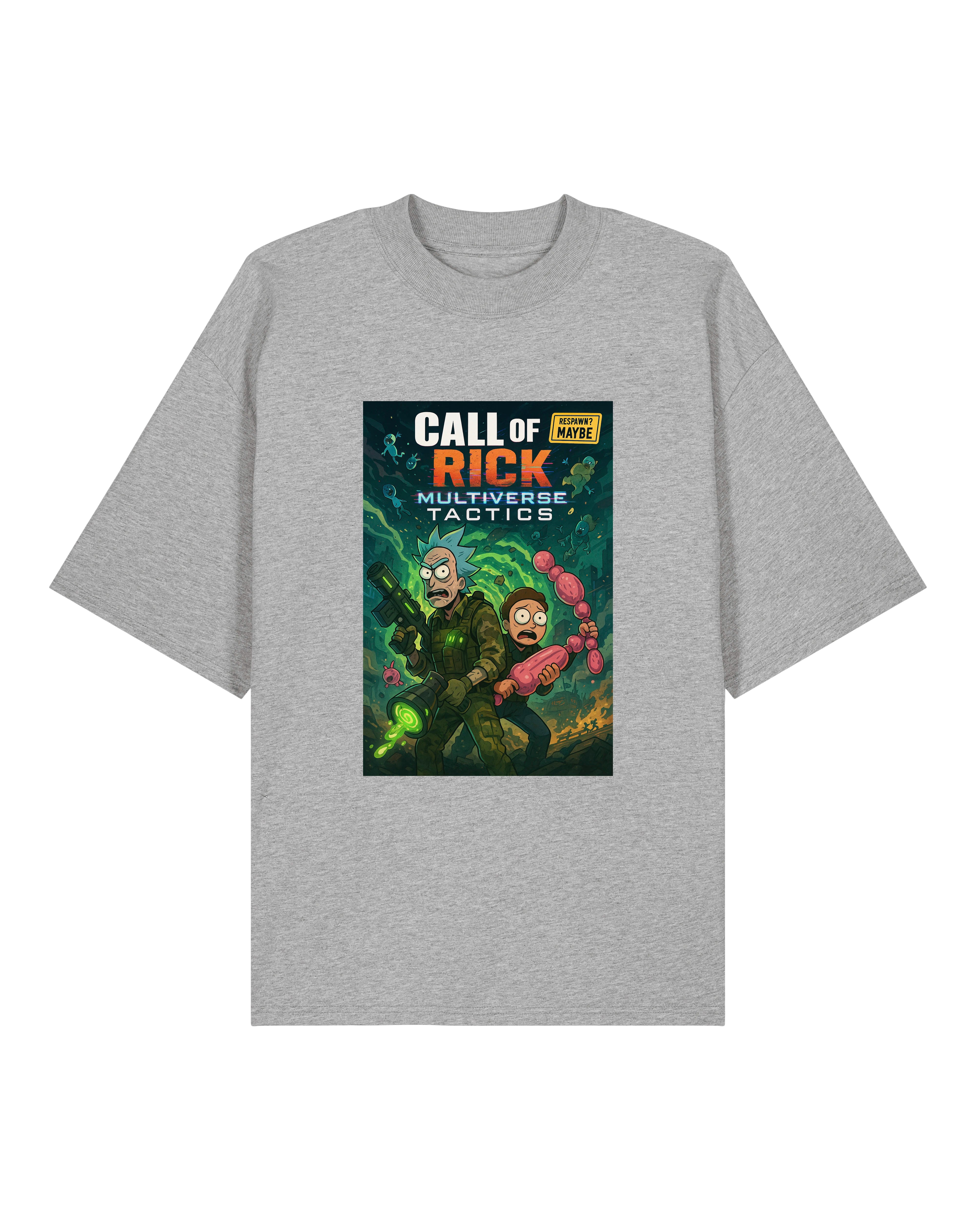Graues T-Shirt mit farbenfrohem Comicprint zweier Charaktere in Action-Pose – inspiriert von Gaming und animierten Serien.