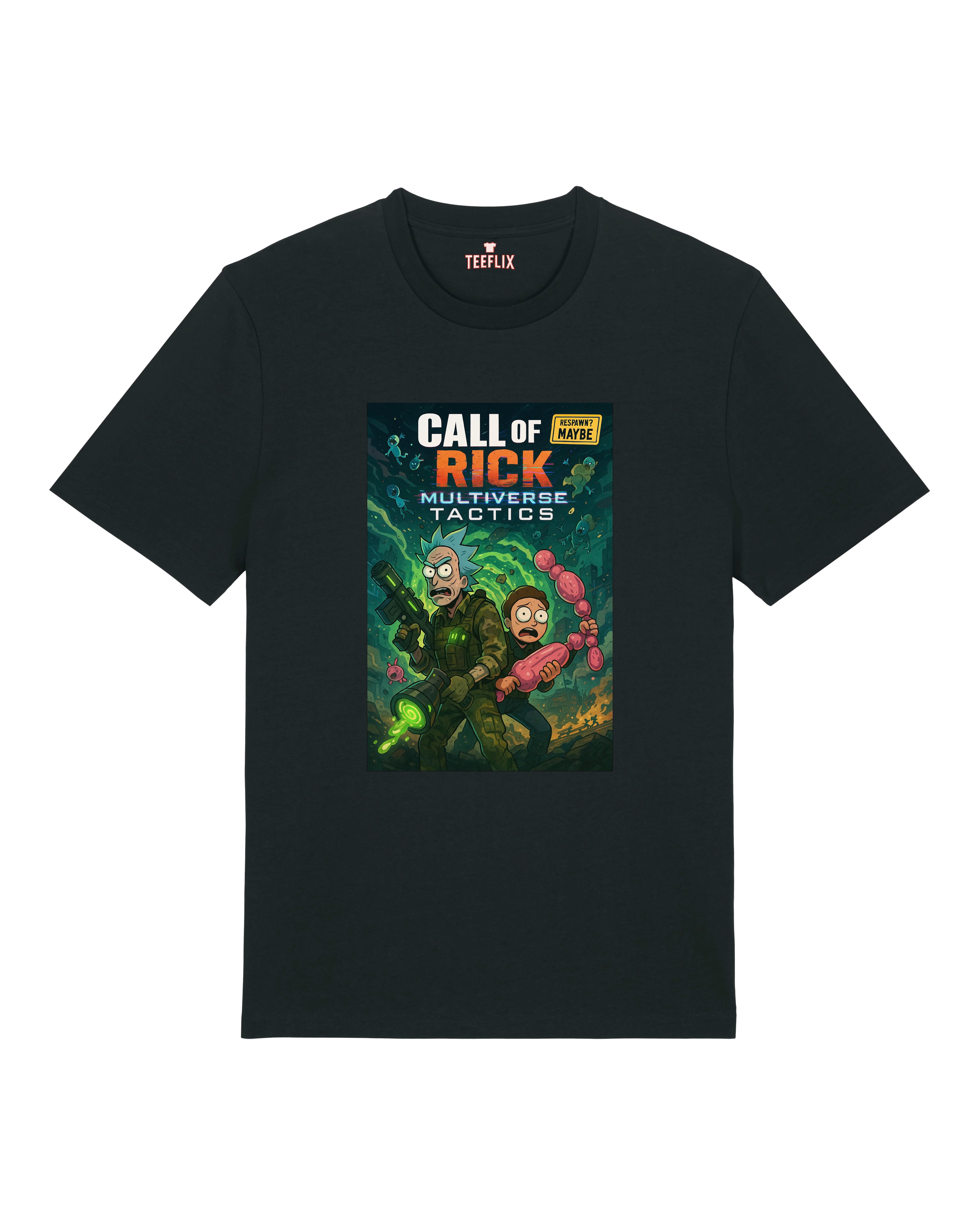 Schwarzes T-Shirt mit „Call of Rick – Multiverse Tactics“-Design, zeigt zwei verrückte Wissenschaftler mit Waffen und Portaltechnik.