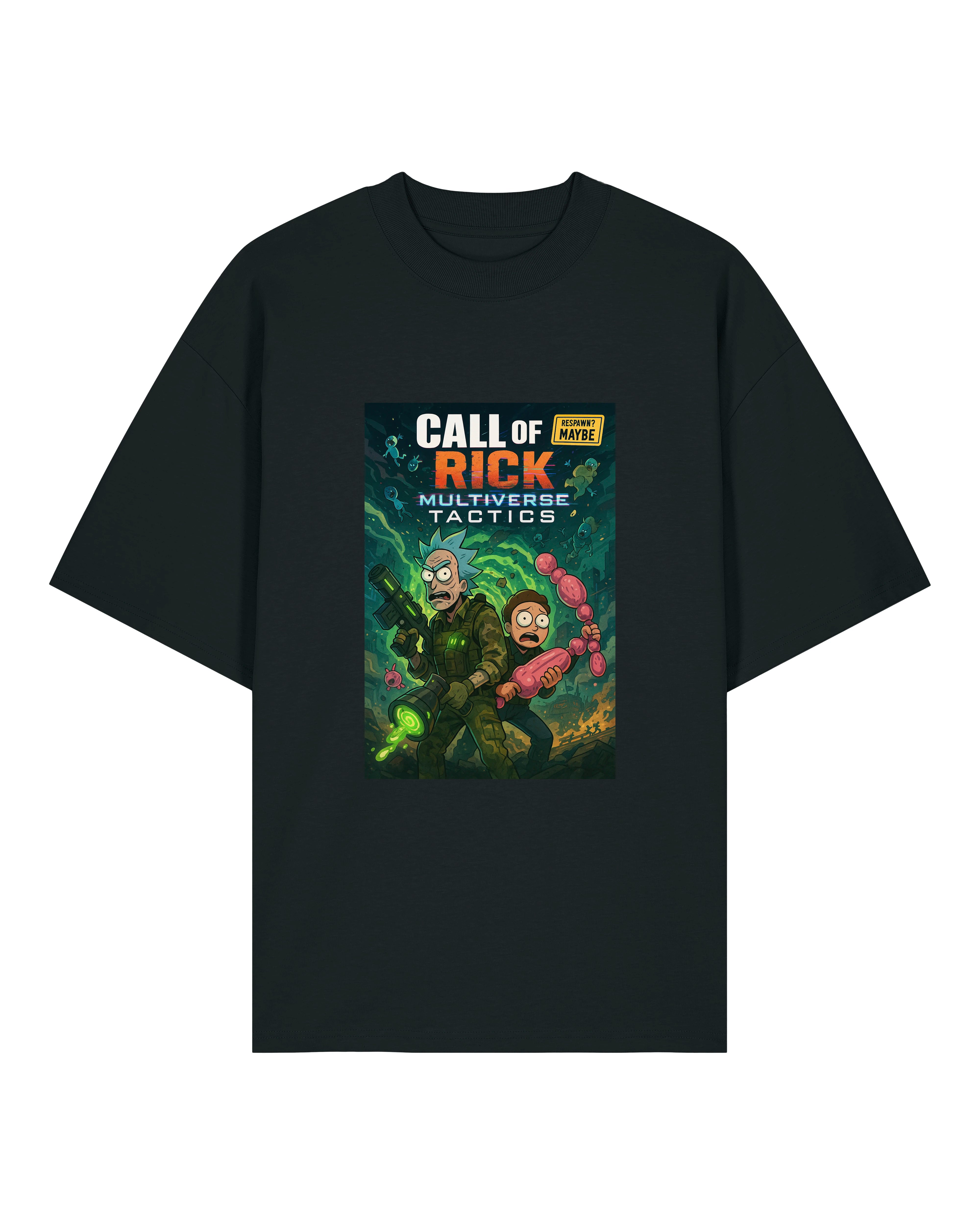 Schwarzes T-Shirt mit „Call of Rick – Multiverse Tactics“-Design, zeigt zwei verrückte Wissenschaftler mit Waffen und Portaltechnik.