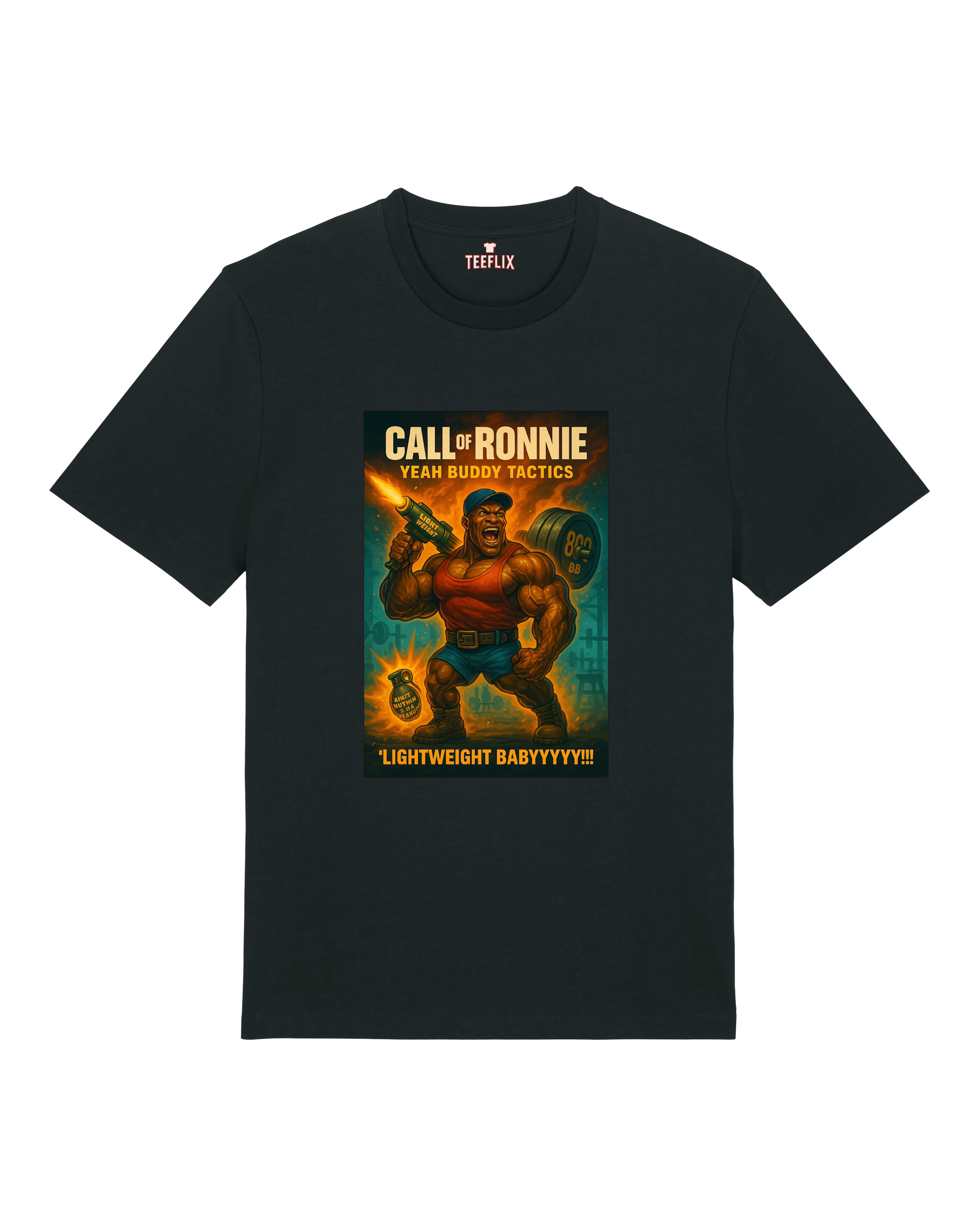 Schwarzes T-Shirt mit „Call of Ronnie – Yeah Buddy Tactics“ Design in knalligen Comicfarben