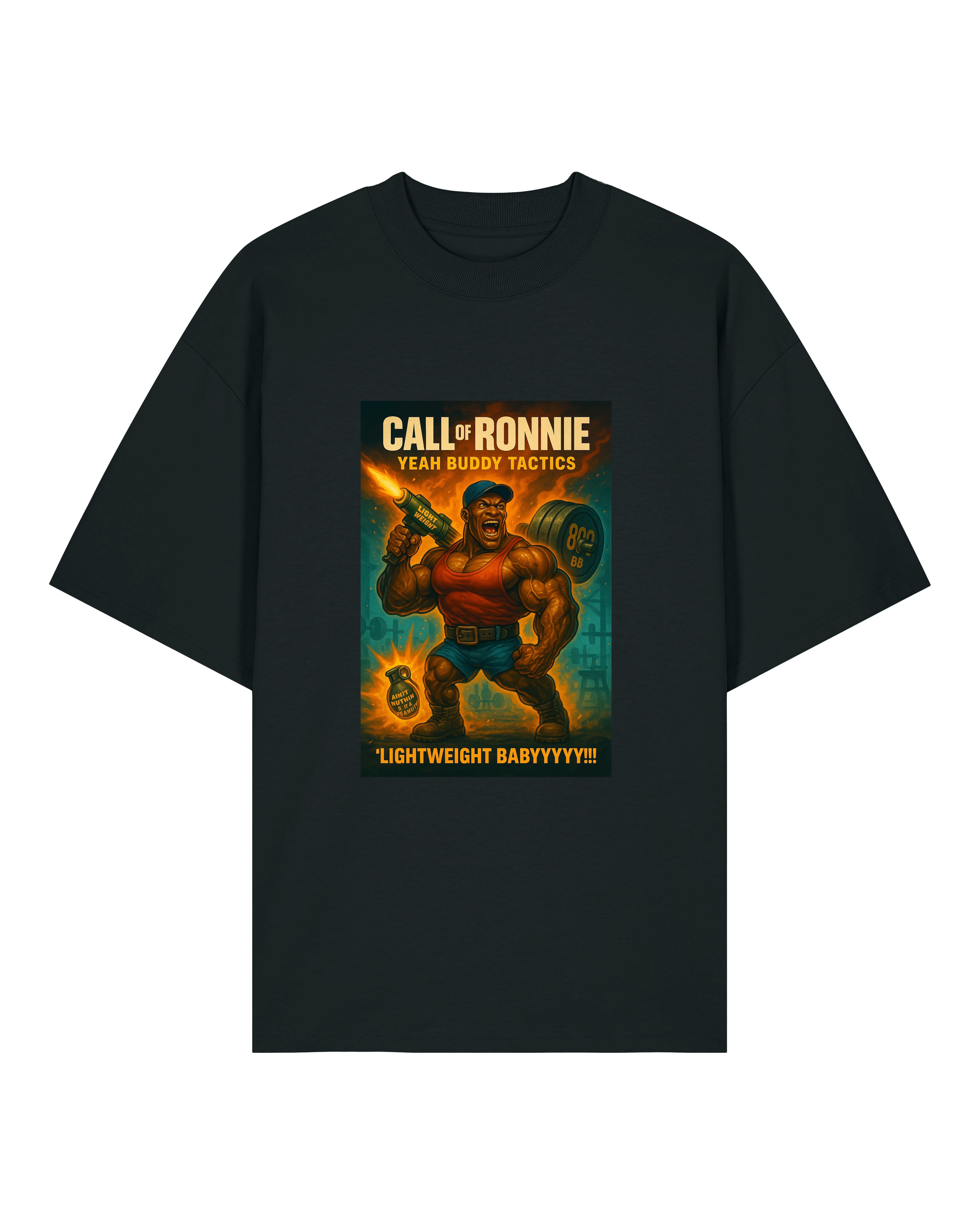 Schwarzes T-Shirt mit „Call of Ronnie – Yeah Buddy Tactics“ Design in knalligen Comicfarben