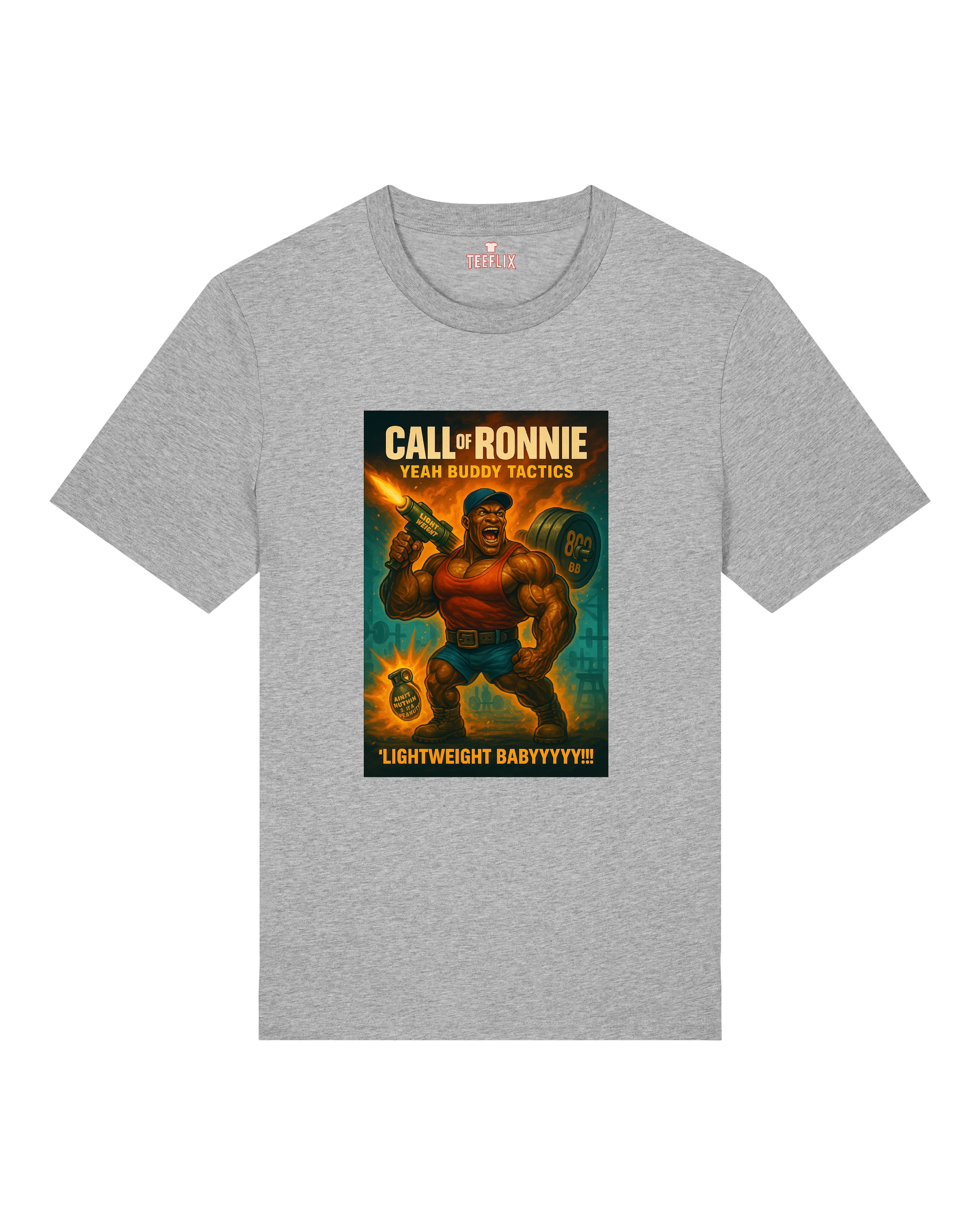 Graues T-Shirt mit heroischem Ronnie-Comicdruck und dem Slogan „Lightweight Babyyyyy!!“