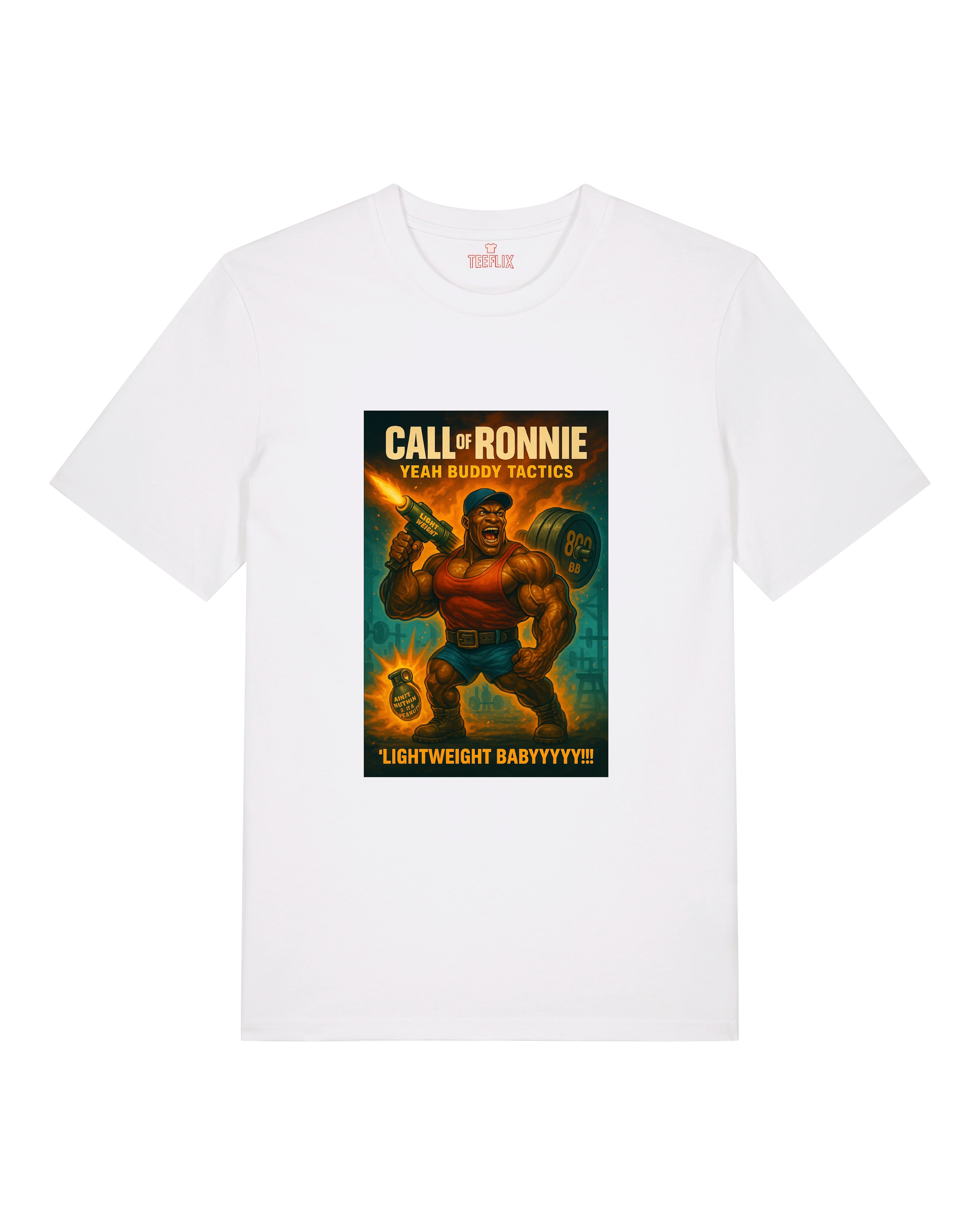 Weißes T-Shirt mit Bodybuilder-Motiv „Call of Ronnie“ im Retro-Game-Stil