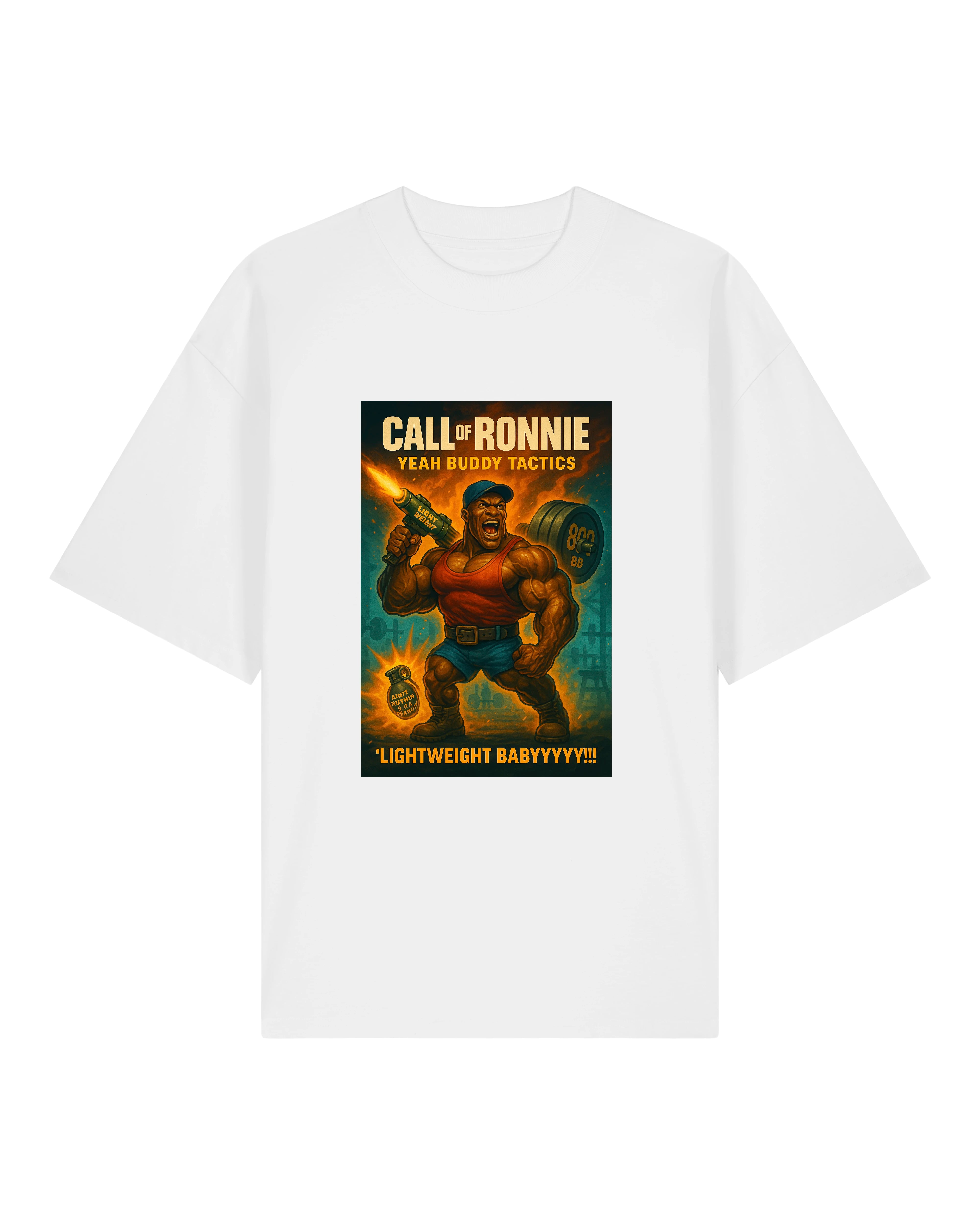 Weißes T-Shirt mit Bodybuilder-Motiv „Call of Ronnie“ im Retro-Game-Stil
