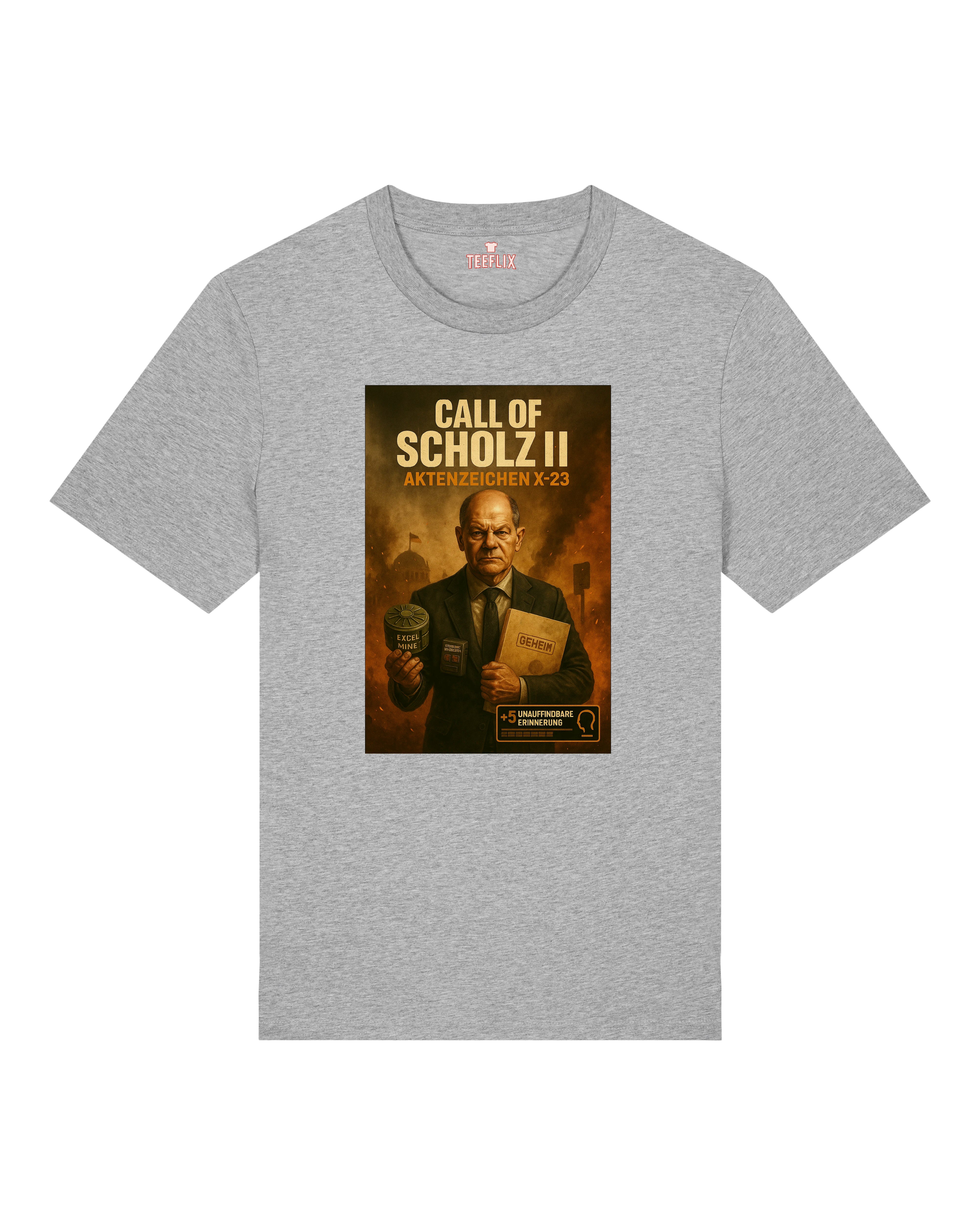 Call of Scholz II Shirt in Grau – humorvolles Motiv im Gamer-Stil mit politischem Twist.
