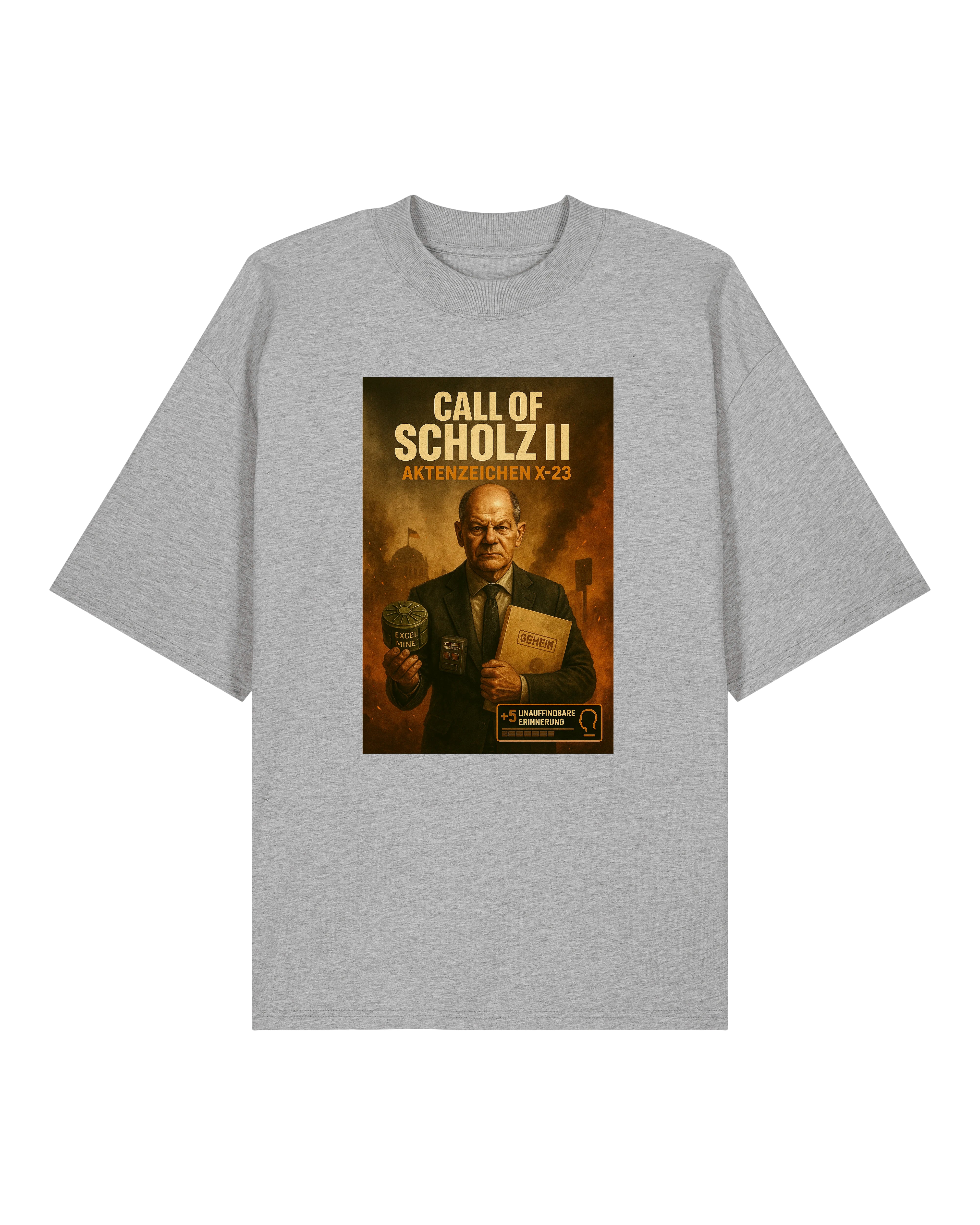 Call of Scholz II Shirt in Grau – humorvolles Motiv im Gamer-Stil mit politischem Twist.
