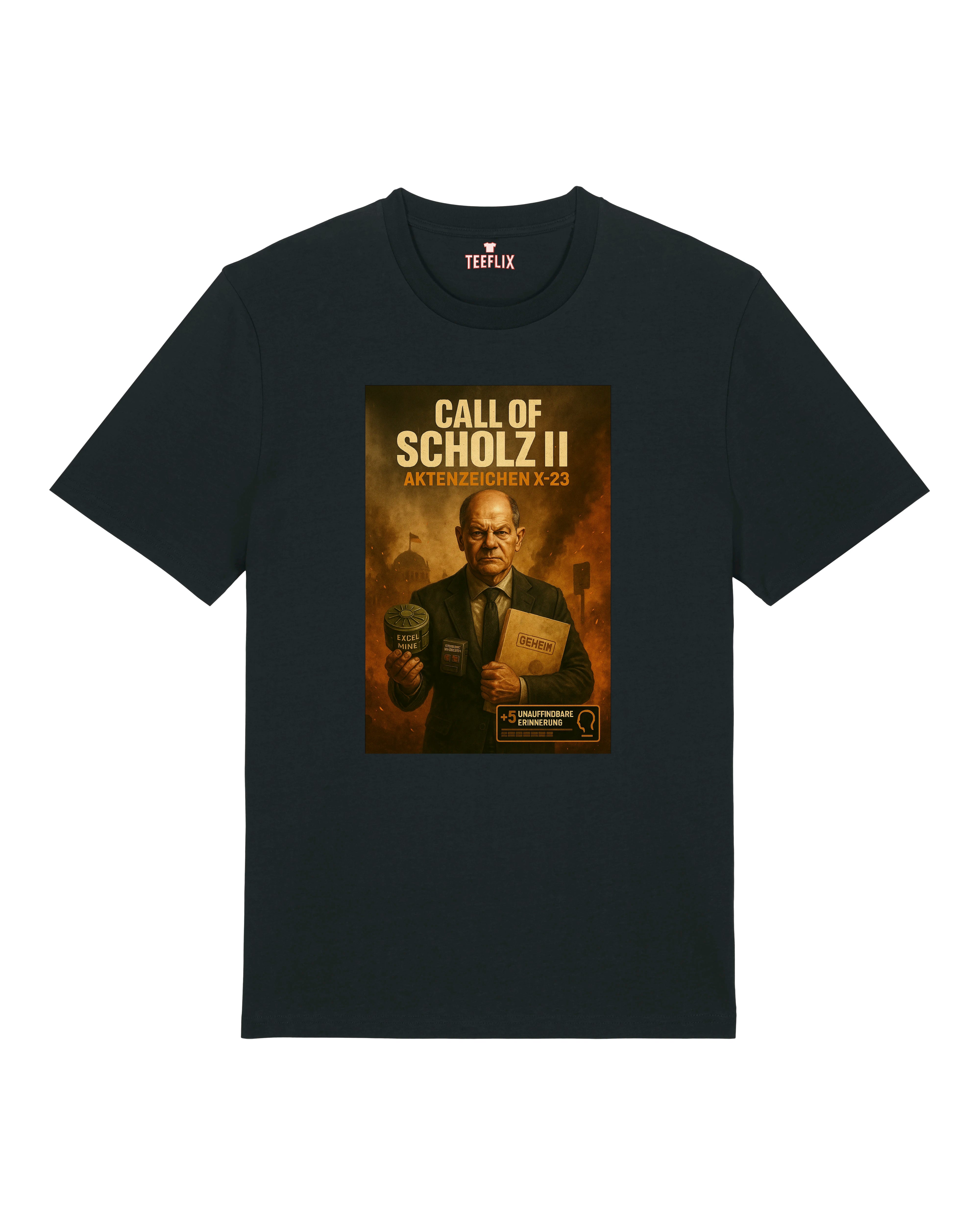 Call of Scholz II Motiv-Shirt in Schwarz – für Fans von Satire und politischem Humor.