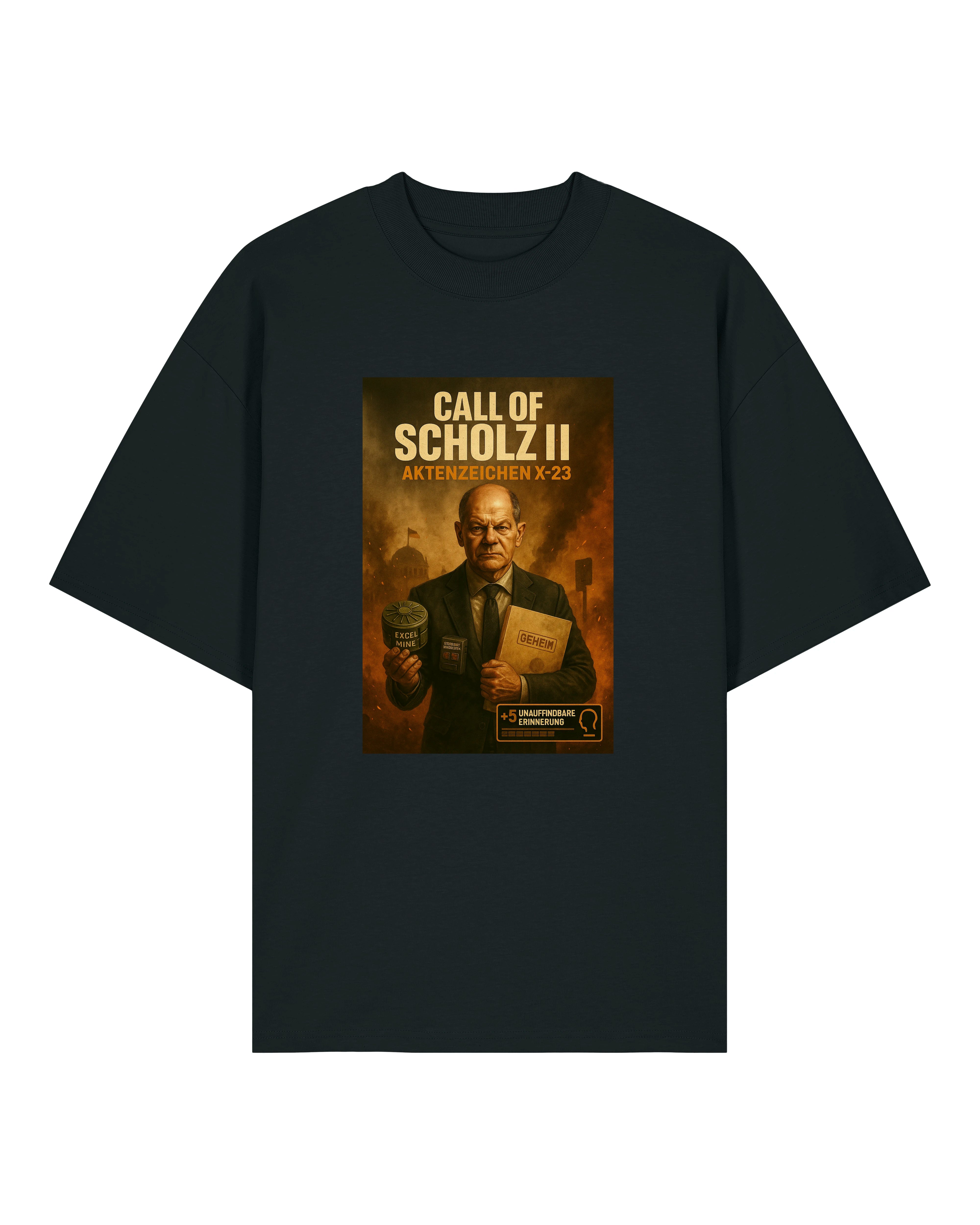 Call of Scholz II Motiv-Shirt in Schwarz – für Fans von Satire und politischem Humor.