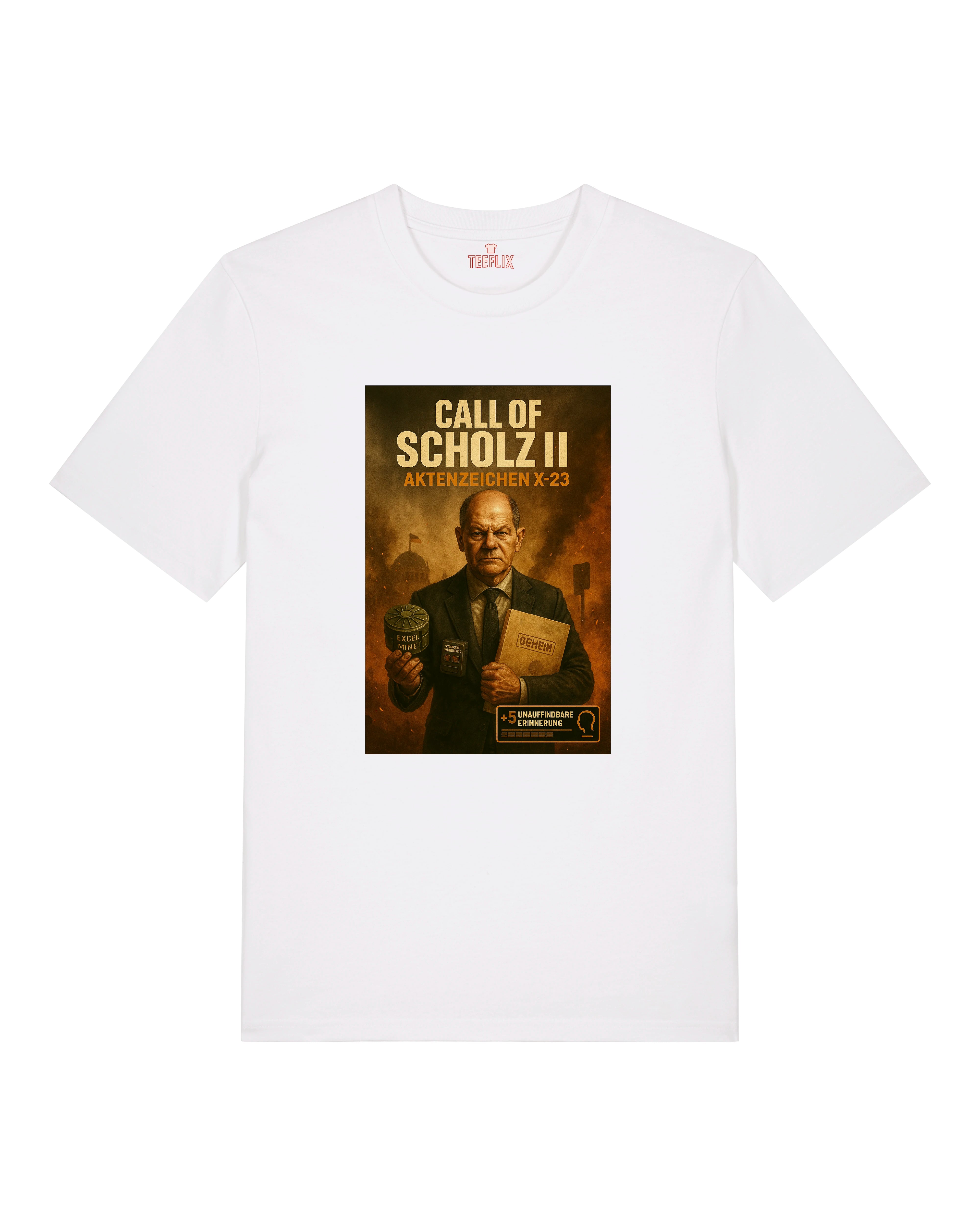 Call of Scholz II T-Shirt in Weiß – satirisches Design mit Scholz, Akte & Aktenzeichen X-23.