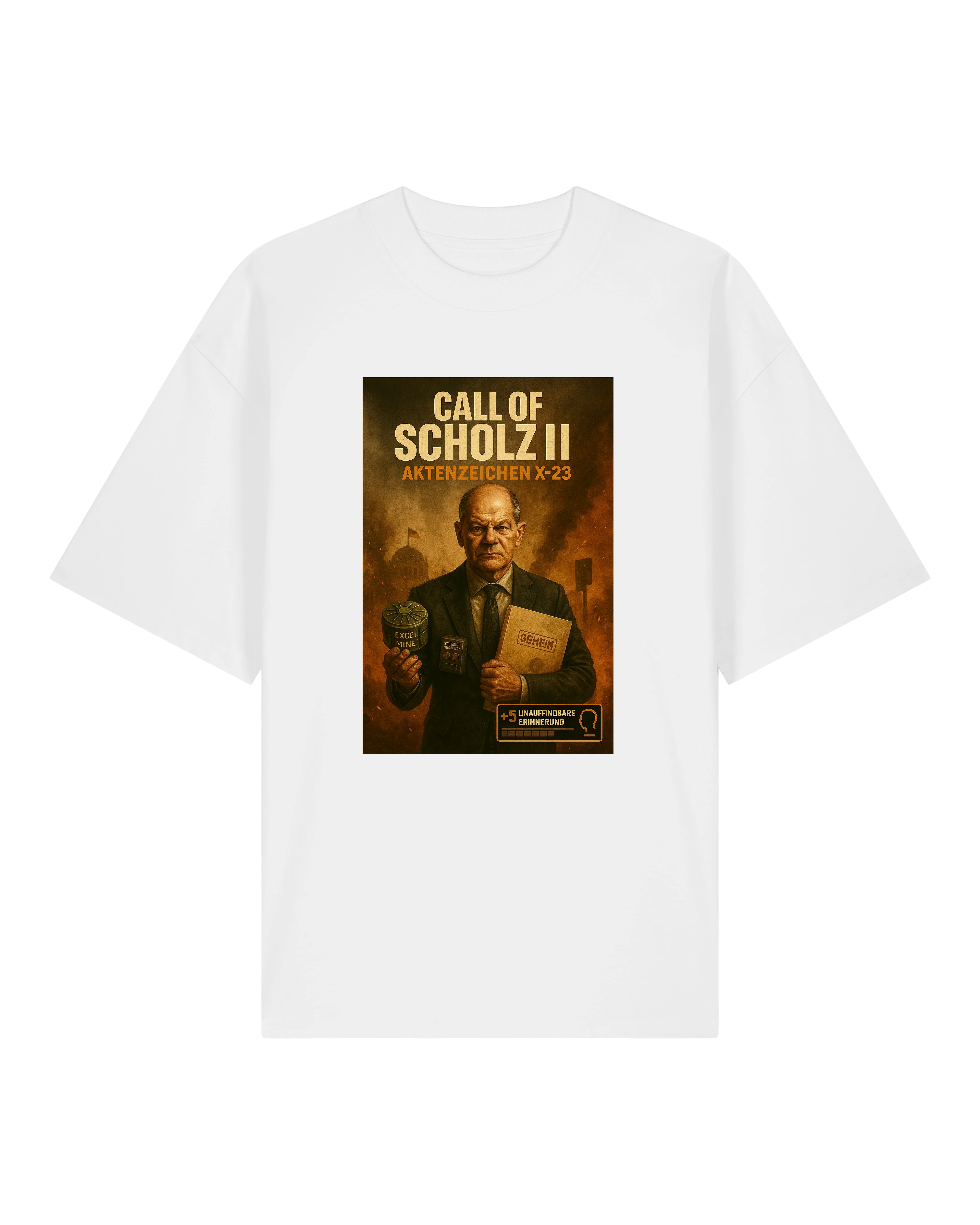 Call of Scholz II T-Shirt in Weiß – satirisches Design mit Scholz, Akte & Aktenzeichen X-23.