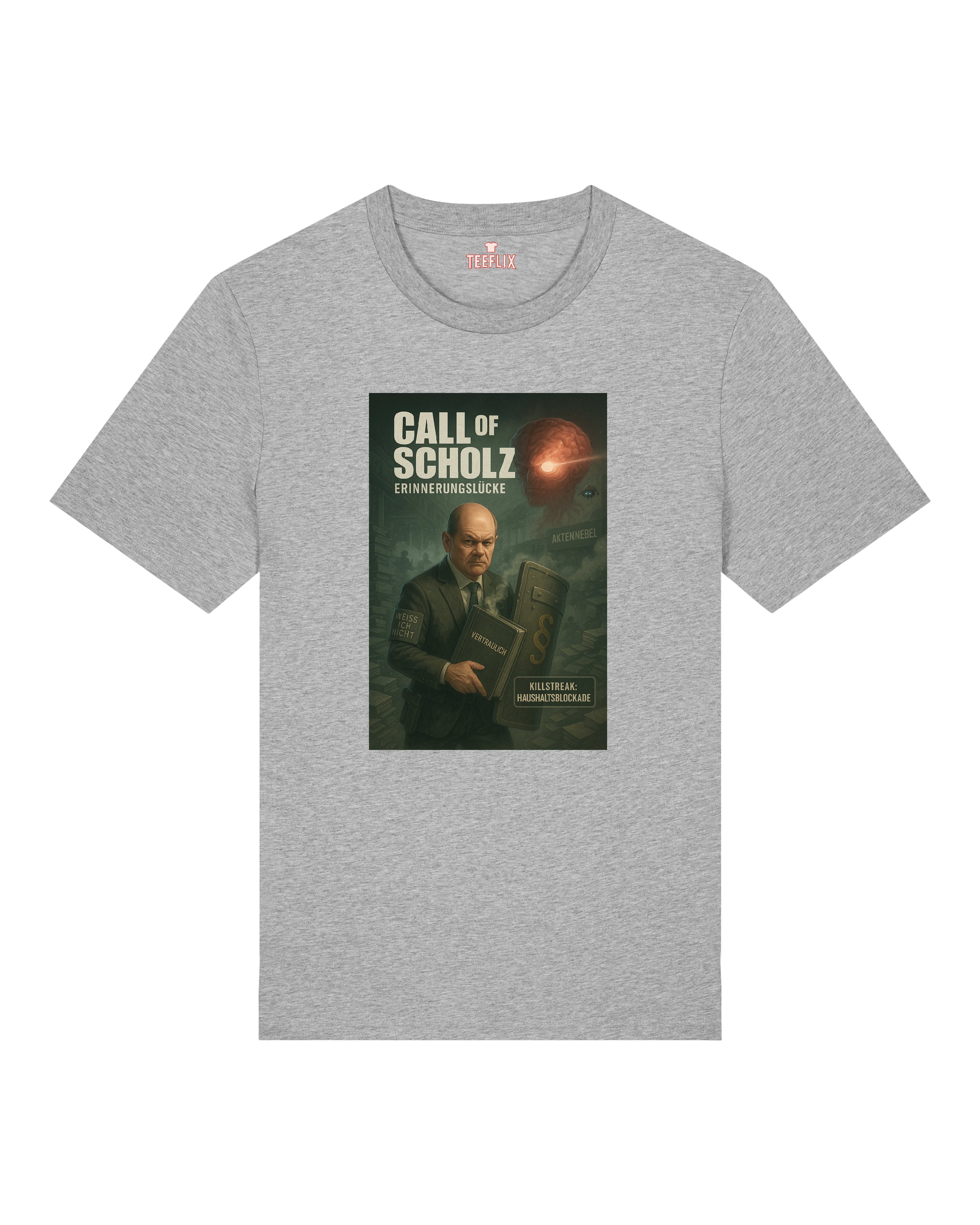 Call of Scholz T-Shirt in Grau mit politischer Satire und Paragraphen-Schild.