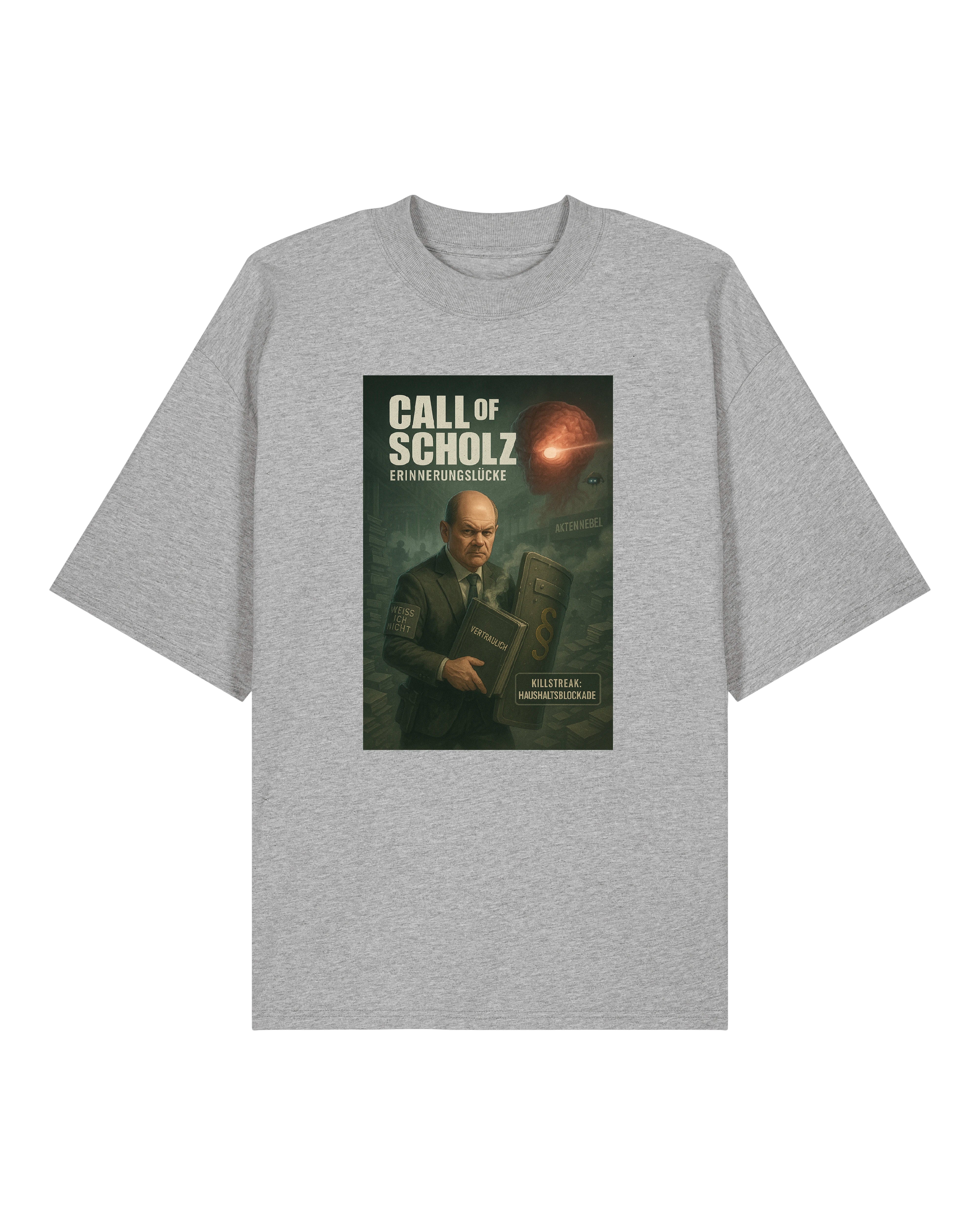 Call of Scholz T-Shirt in Grau mit politischer Satire und Paragraphen-Schild.