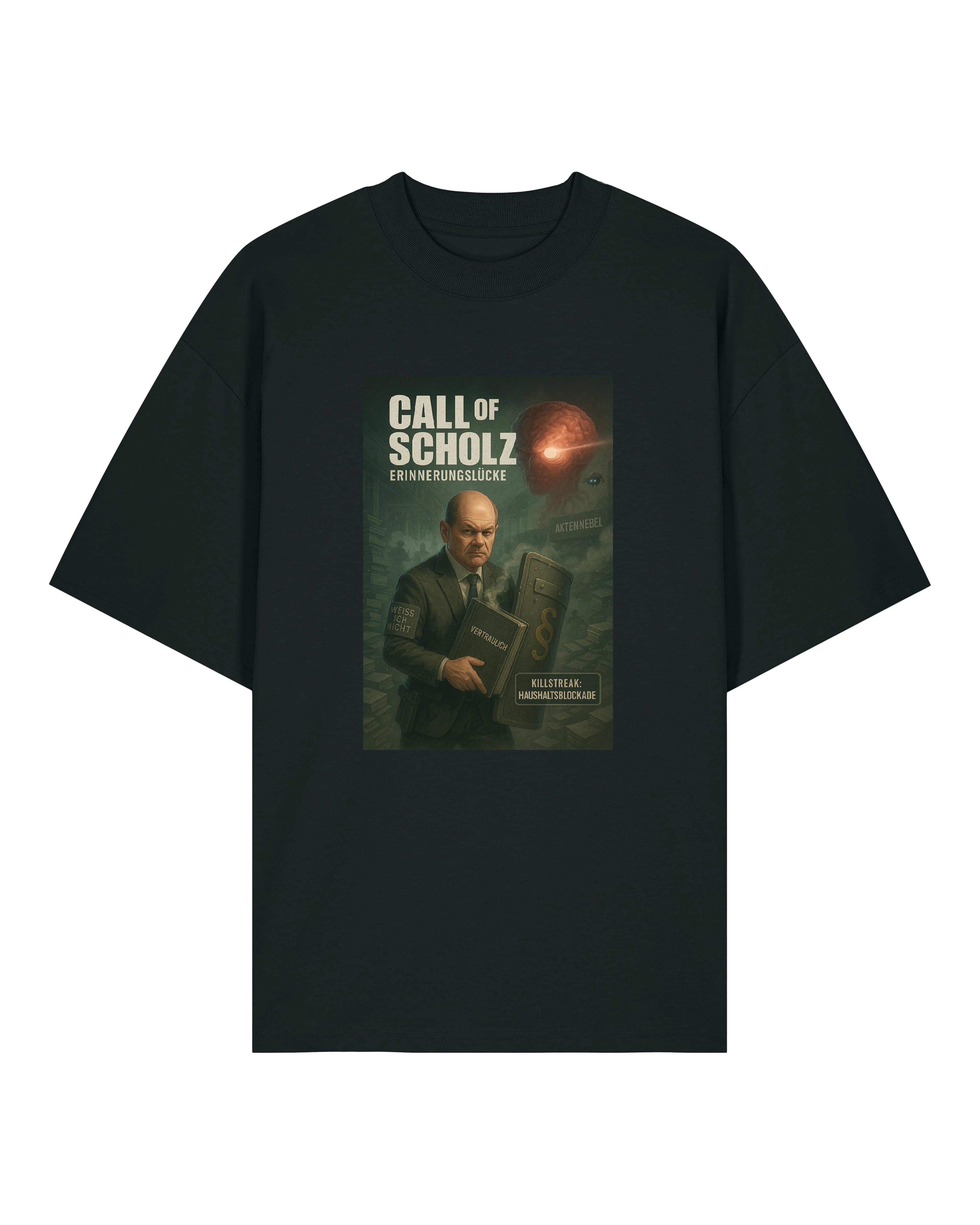 Schwarzes T-Shirt mit Call of Scholz Motiv – kritischer Humor zum Anziehen.