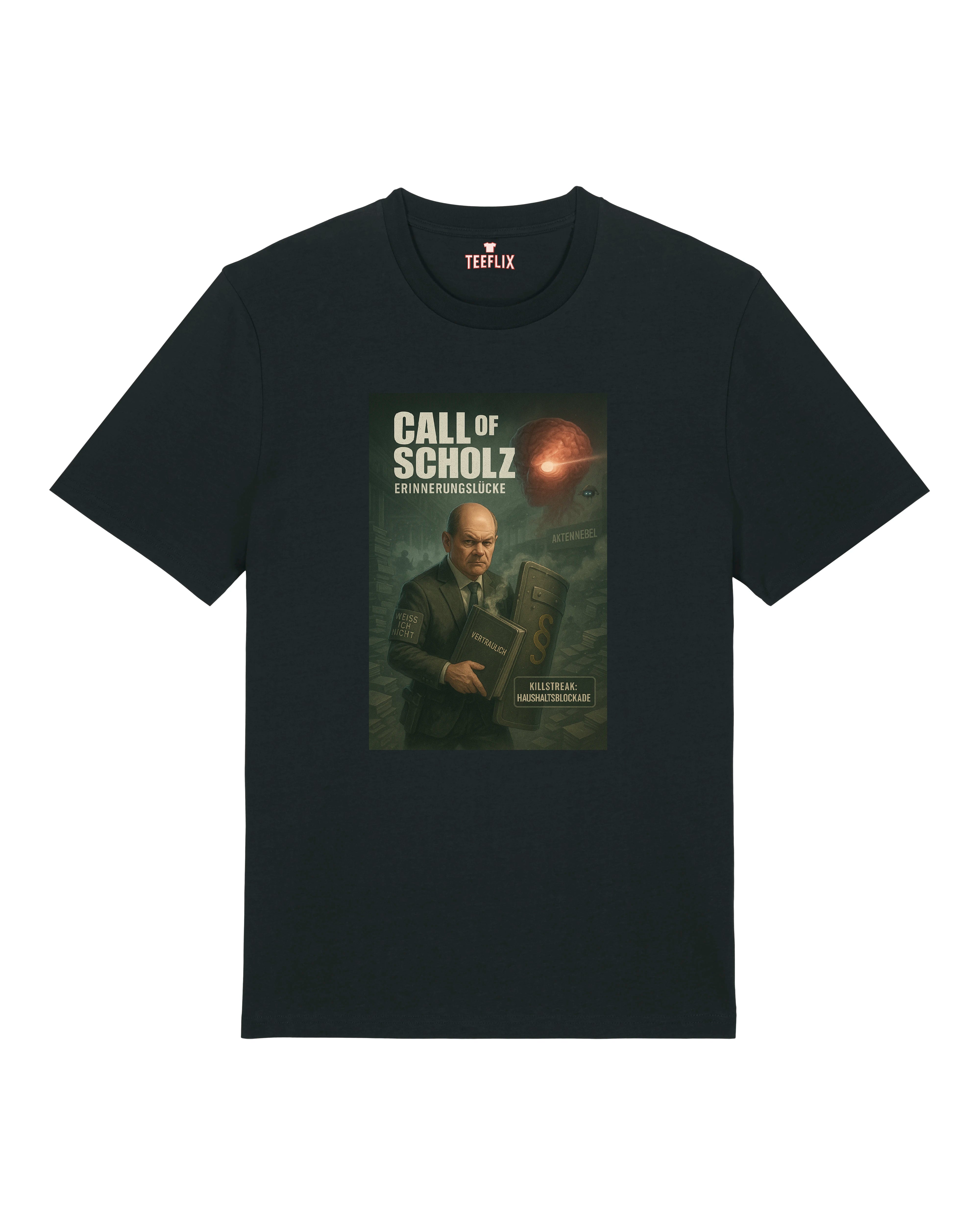 Schwarzes T-Shirt mit Call of Scholz Motiv – kritischer Humor zum Anziehen.