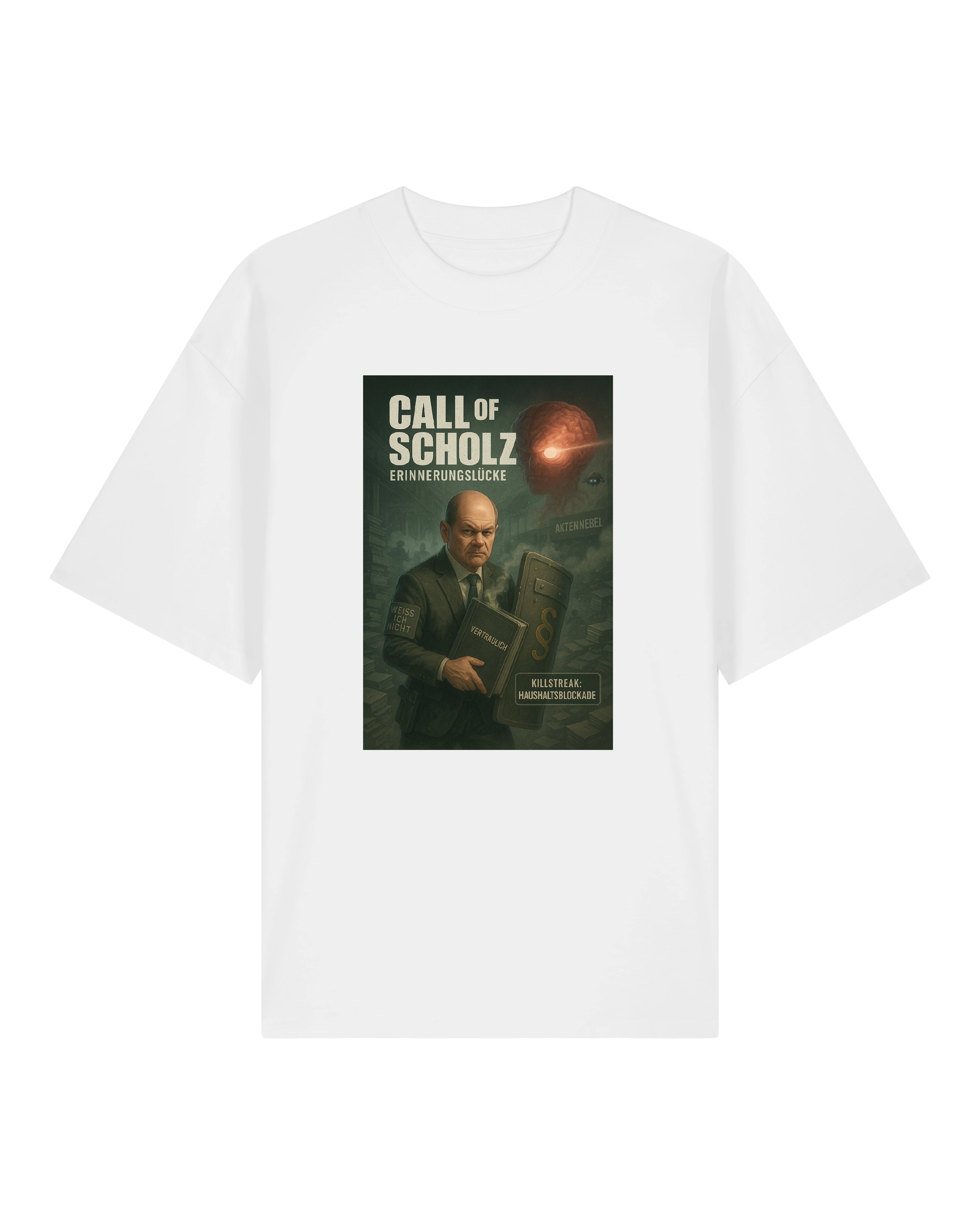 Satirisches Call of Scholz T-Shirt in Weiß mit Kanzler-Motiv und Aktennebel-Design.