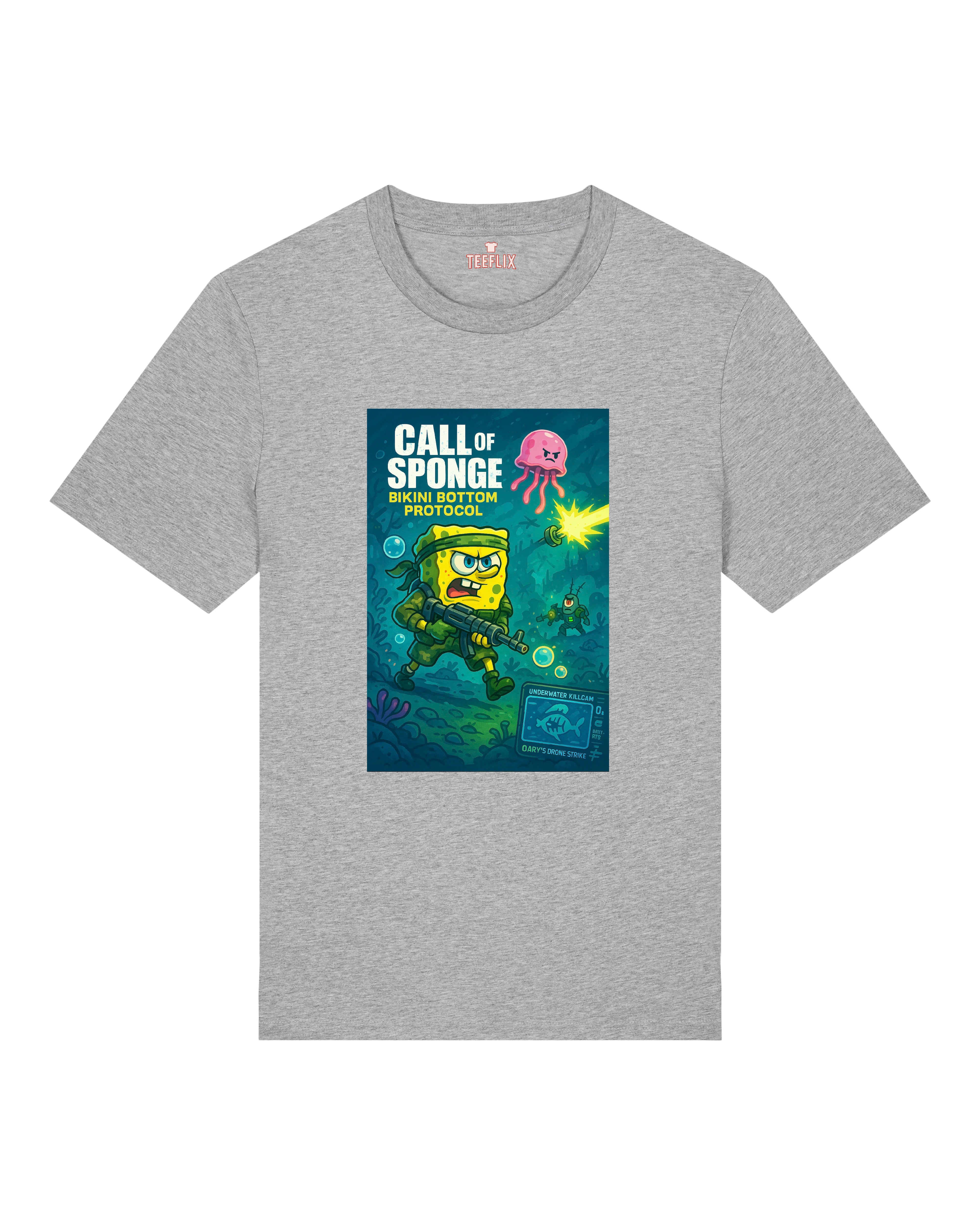 Graues Shirt mit satirischem Gaming-Print unter Wasser – parodistischer Look für Sponge- und Action-Fans.