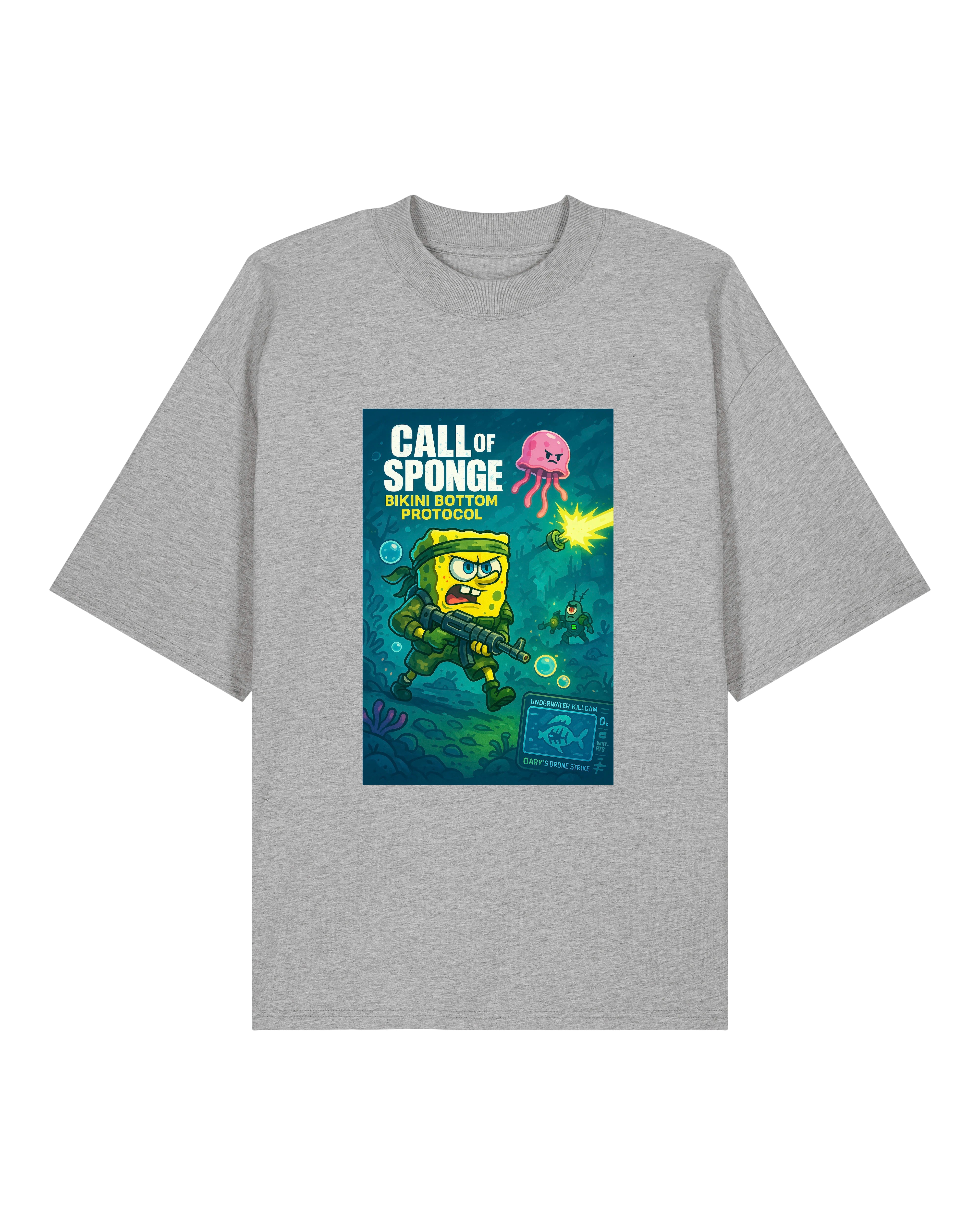 Graues Shirt mit satirischem Gaming-Print unter Wasser – parodistischer Look für Sponge- und Action-Fans.