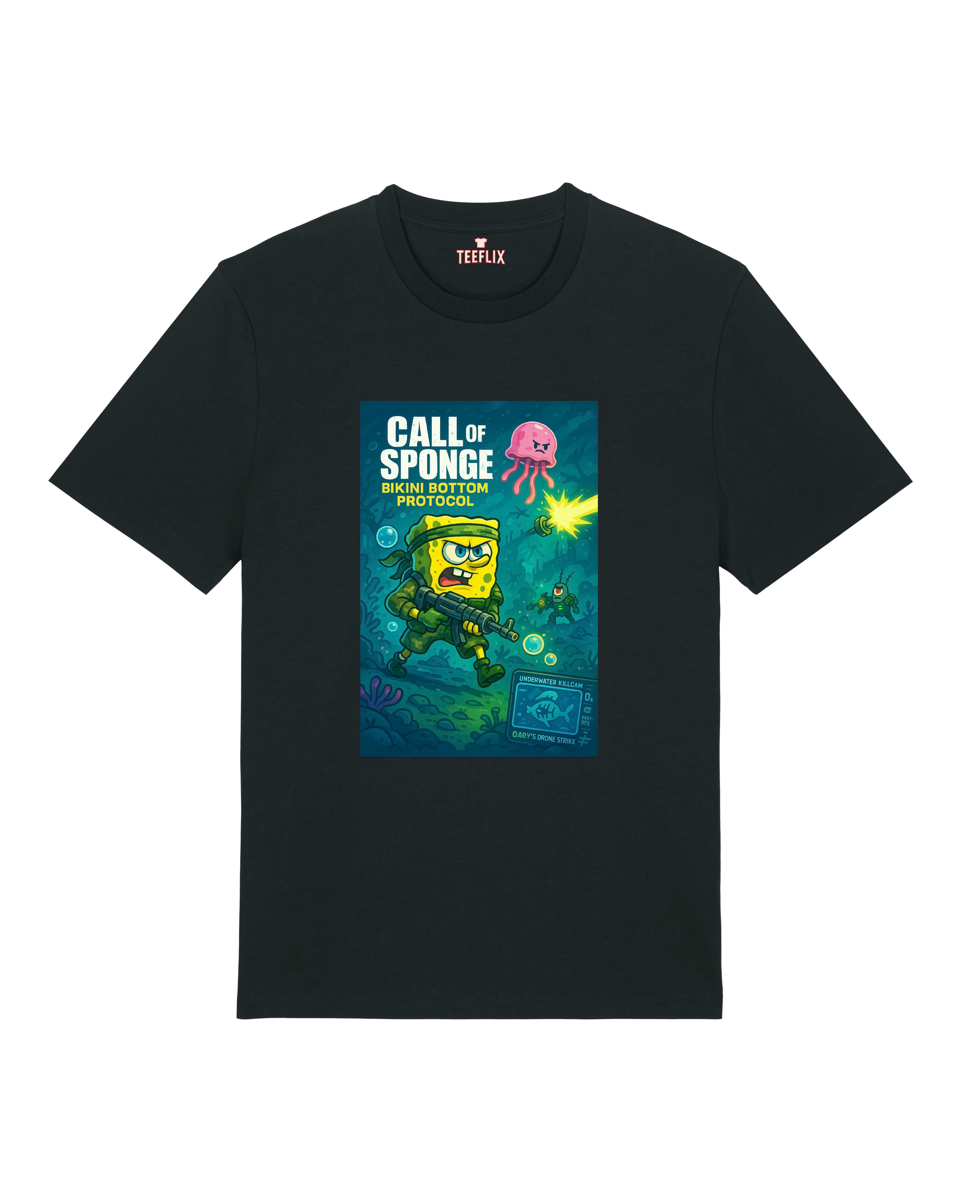 Schwarzes T-Shirt mit „Call of Sponge – Bikini Bottom Protocol“-Design: Sponge-Charakter mit Waffe in Taucherausrüstung im Comicstil.