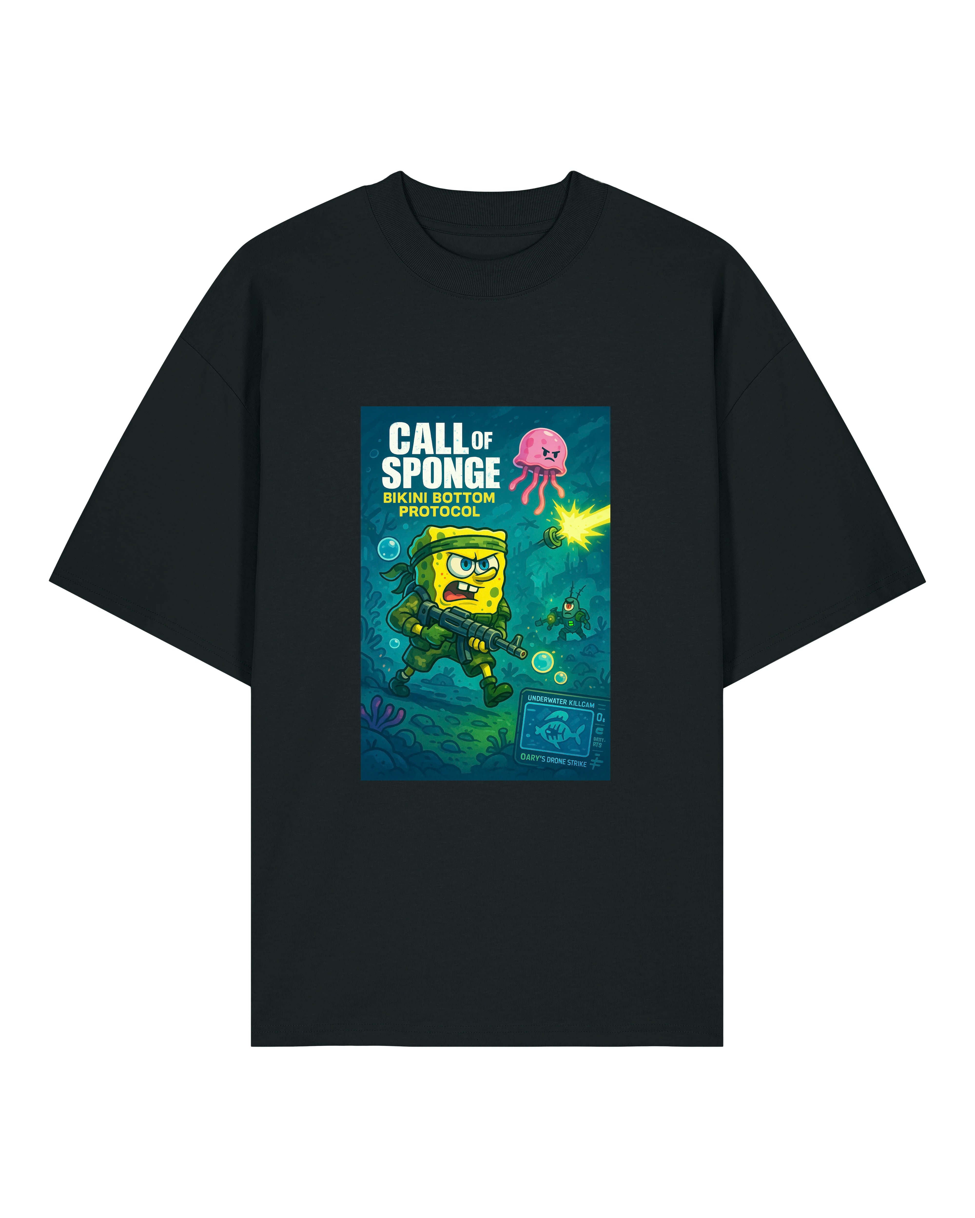 Schwarzes T-Shirt mit „Call of Sponge – Bikini Bottom Protocol“-Design: Sponge-Charakter mit Waffe in Taucherausrüstung im Comicstil.
