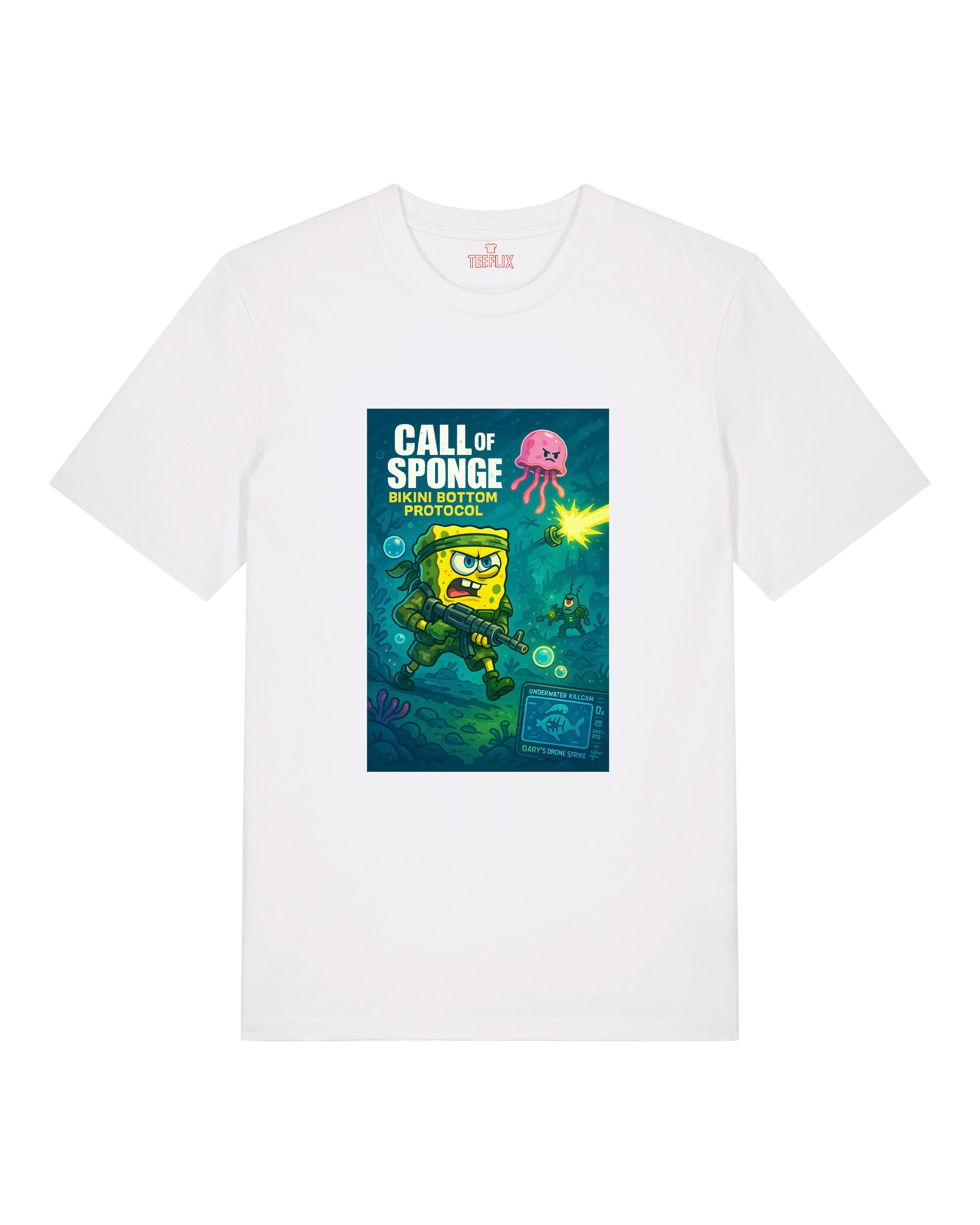 Weißes Shirt mit bunter Unterwasser-Szene: Cartoonfigur in Militärpose, pinke Qualle und Waffenaction.