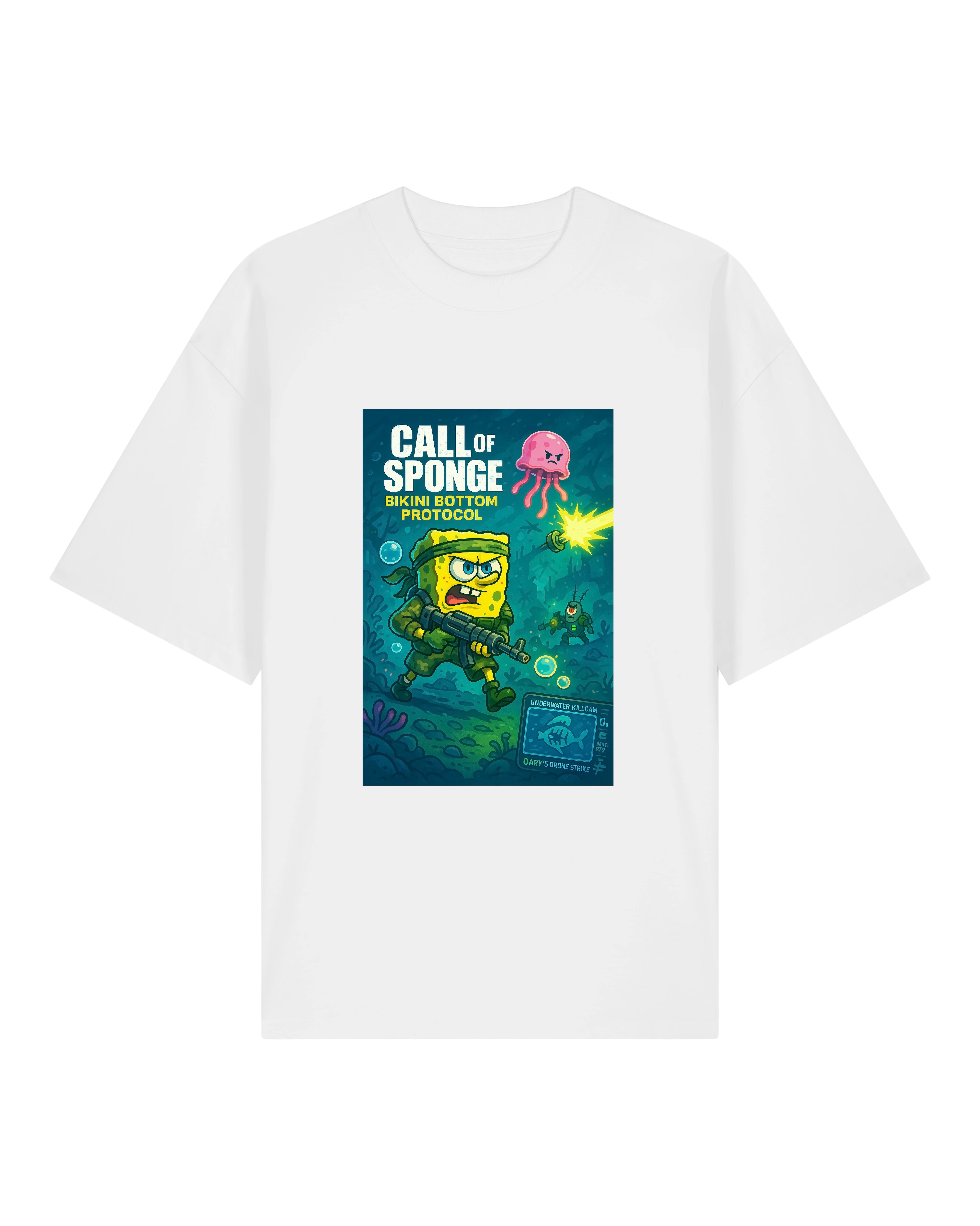 Weißes Shirt mit bunter Unterwasser-Szene: Cartoonfigur in Militärpose, pinke Qualle und Waffenaction.