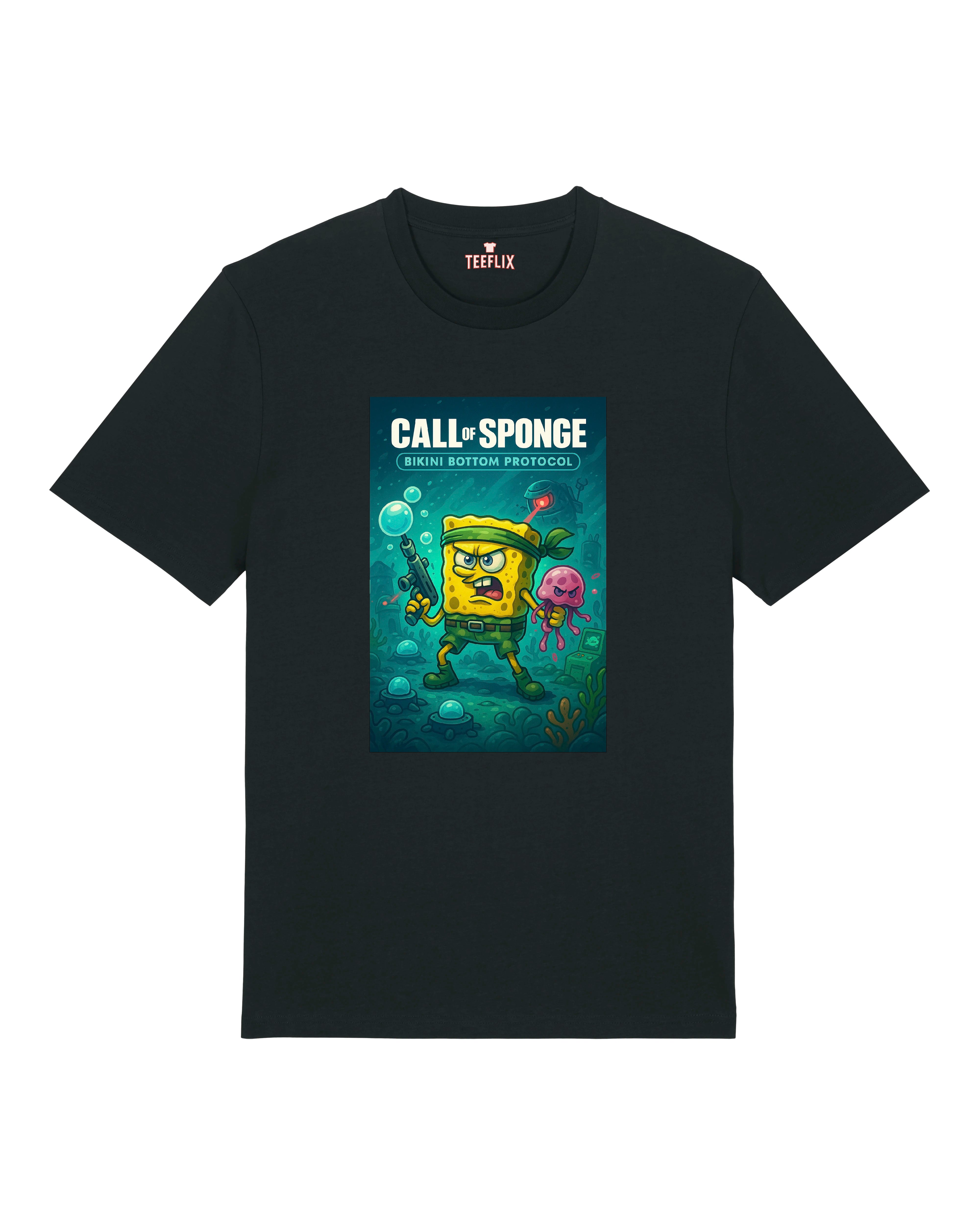 Call of Sponge T-Shirt in Schwarz – Spongebob im Einsatz mit Jellyfish-Unterstützung im Tactical Look