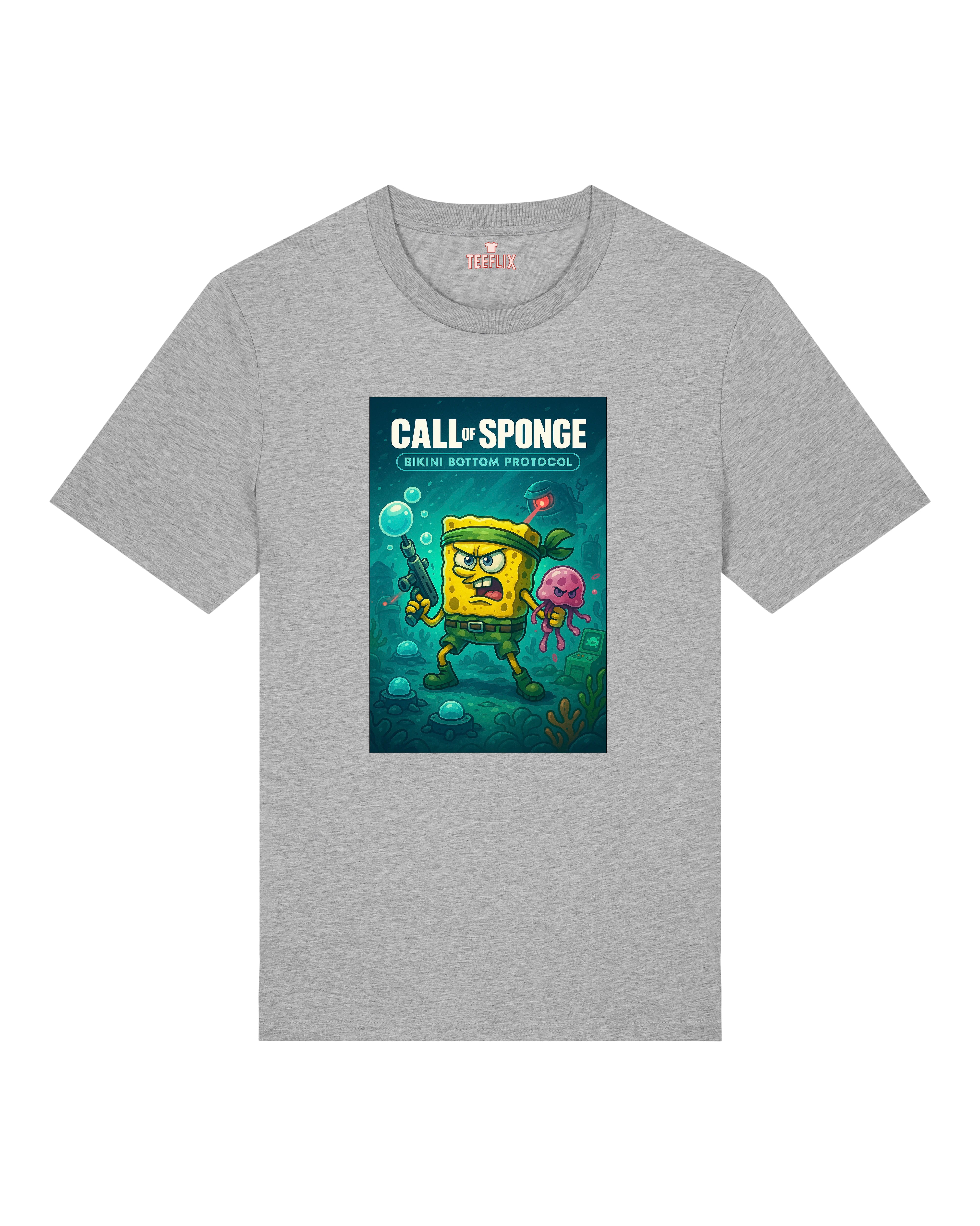 Call of Sponge T-Shirt in Grau – humorvoller Einsatz in Bikini Bottom mit satirischem Einschlag.