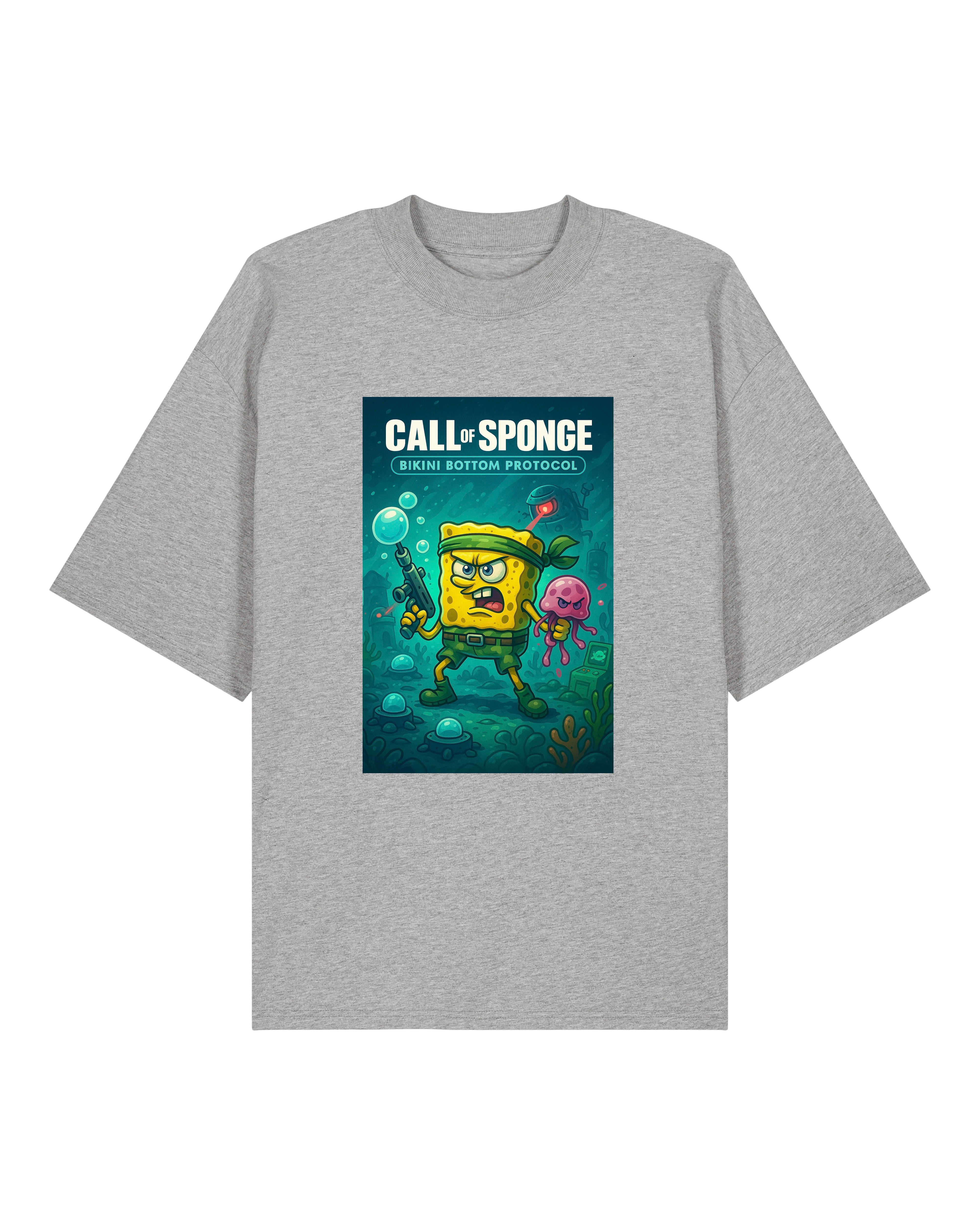 Call of Sponge T-Shirt in Grau – humorvoller Einsatz in Bikini Bottom mit satirischem Einschlag.