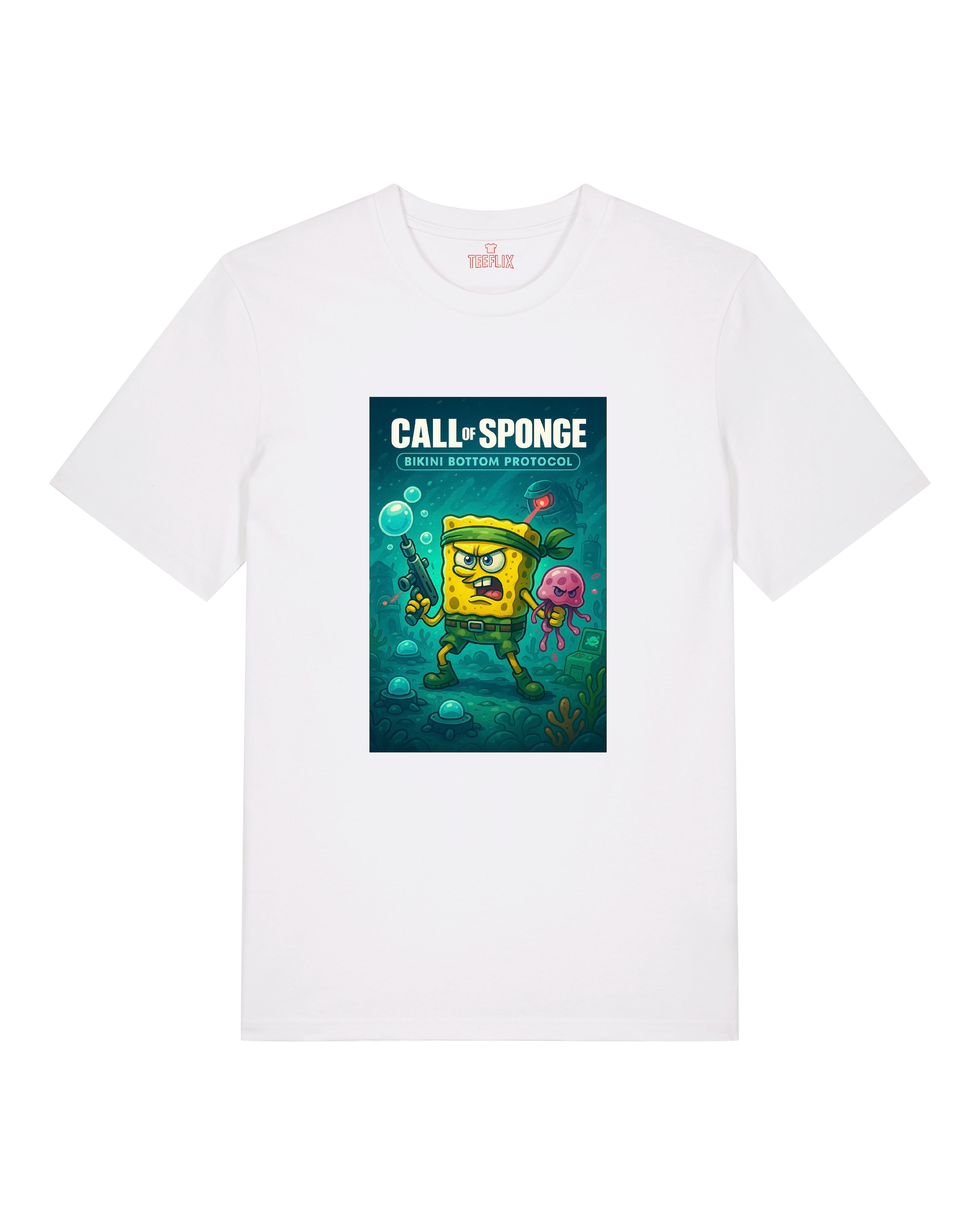 Call of Sponge T-Shirt in Weiß – ikonisches Parodie-Design mit Comic-Feeling und Gaming-Vibes.