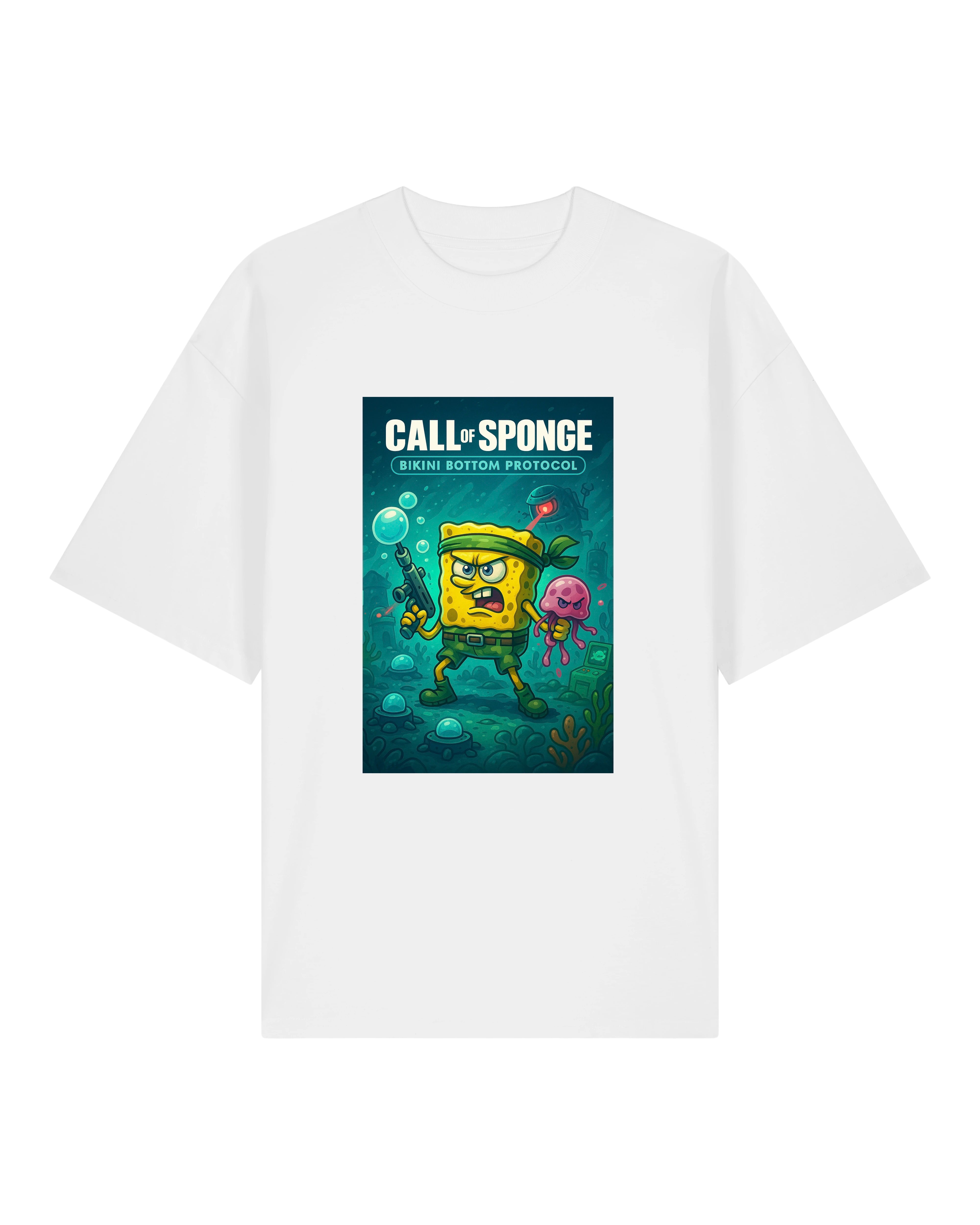 Call of Sponge T-Shirt in Weiß – ikonisches Parodie-Design mit Comic-Feeling und Gaming-Vibes.