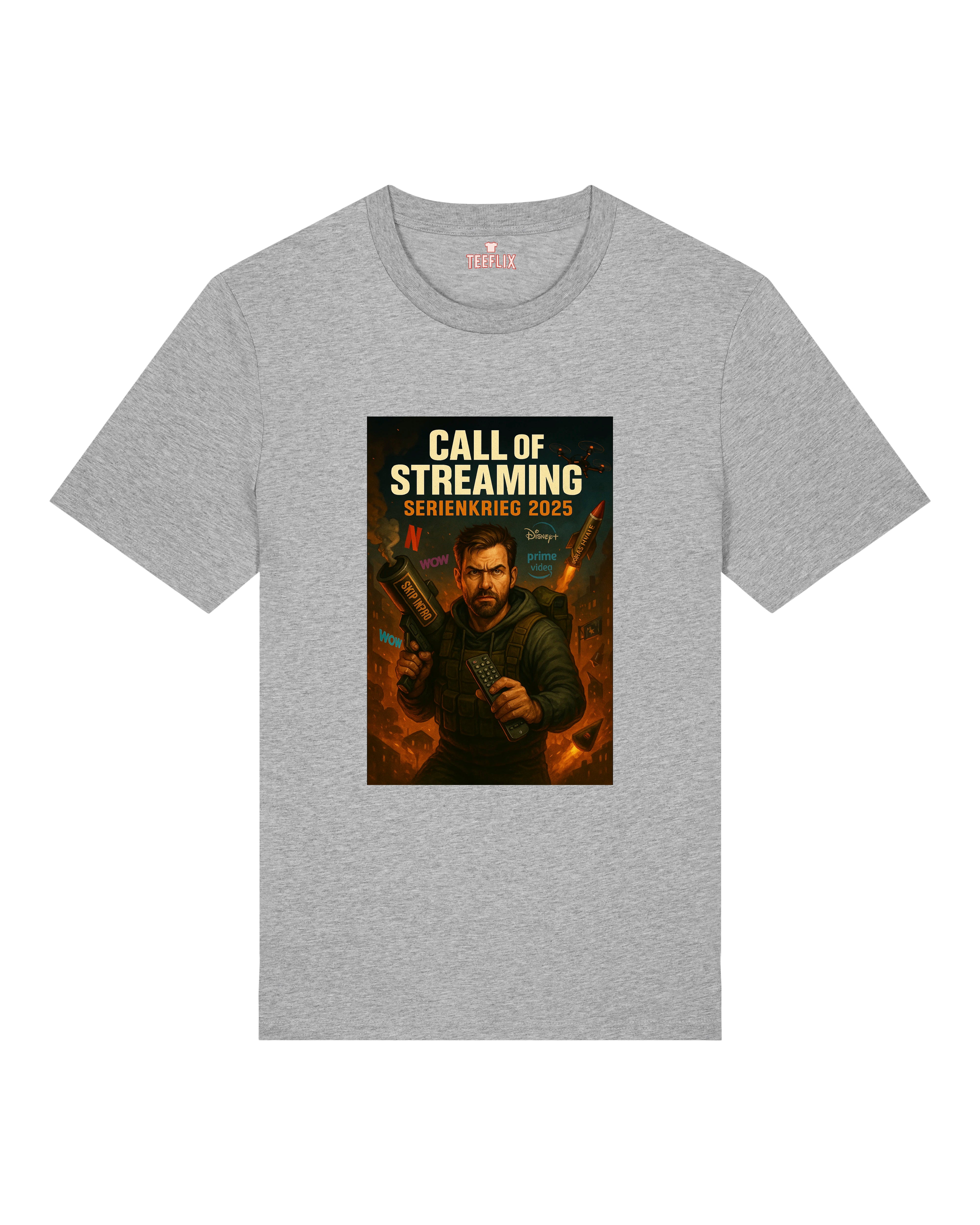 Graues T-Shirt mit humorvollem Artwork zum Streaming-Kampf, perfekt für Serienliebhaber und Couch-Potatoes mit Geschmack.