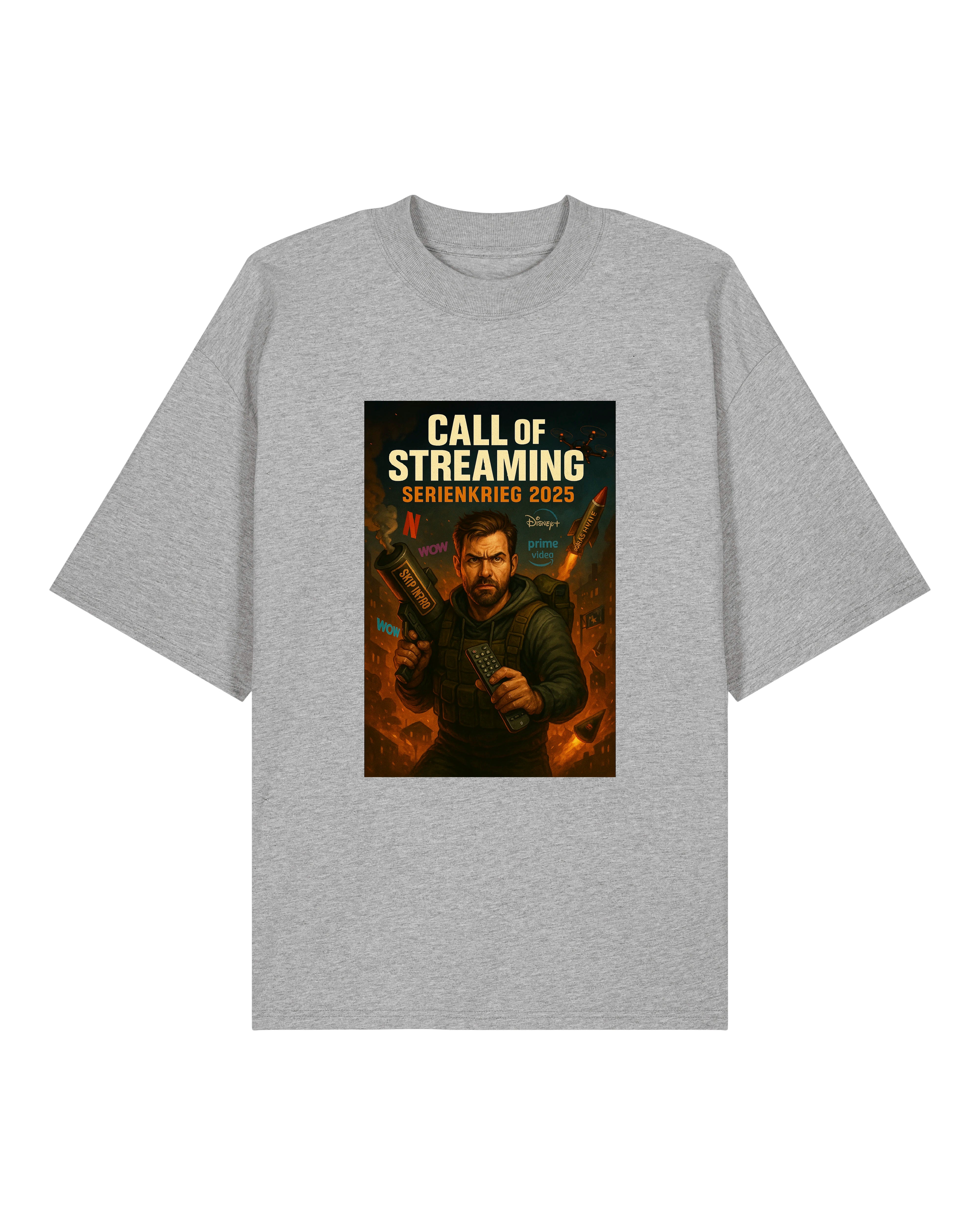 Graues T-Shirt mit humorvollem Artwork zum Streaming-Kampf, perfekt für Serienliebhaber und Couch-Potatoes mit Geschmack.
