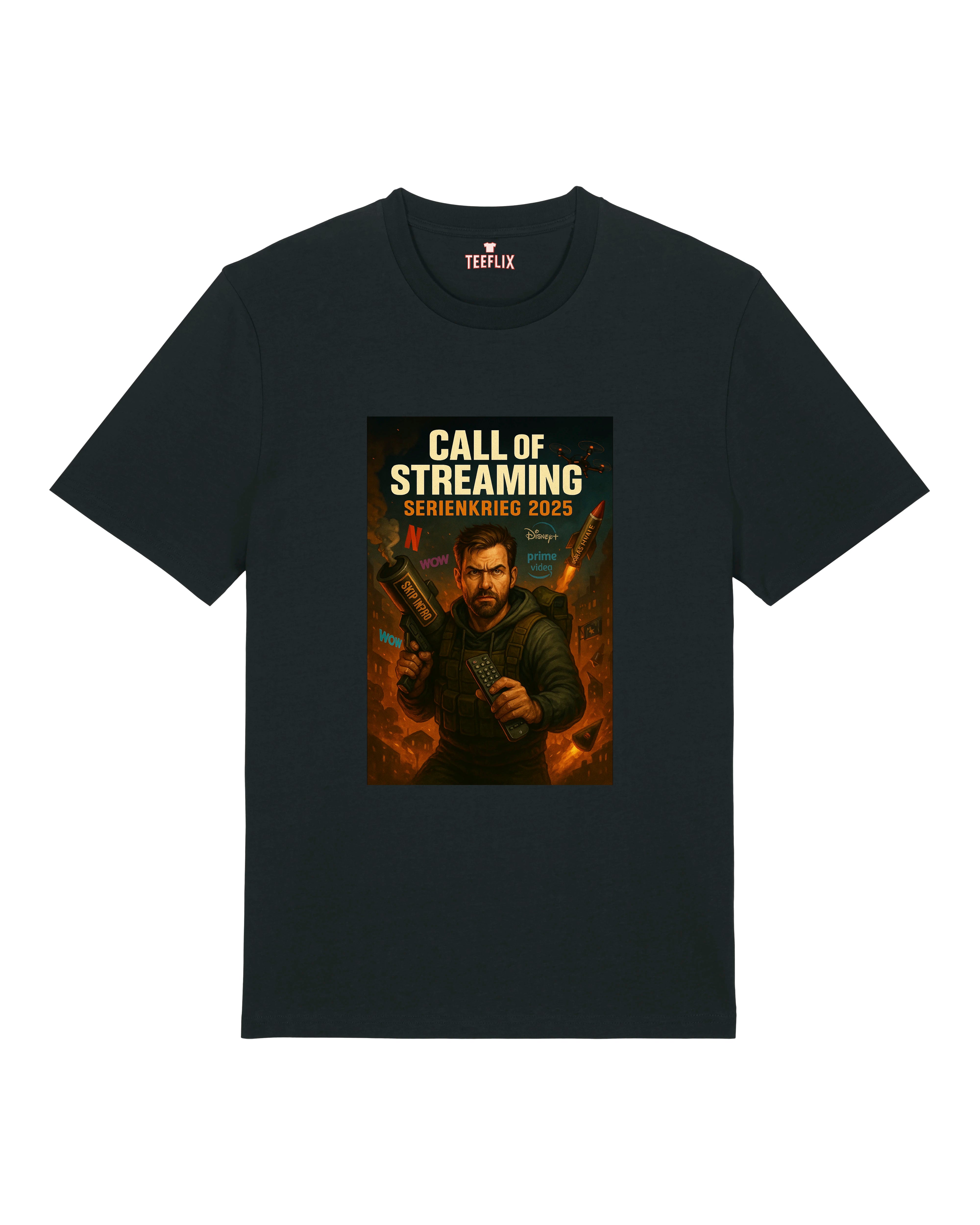 Schwarzes T-Shirt mit „Call of Streaming – Serienkrieg 2025“-Design: Soldat mit Fernbedienung und Streaming-Diensten im Hintergrund.