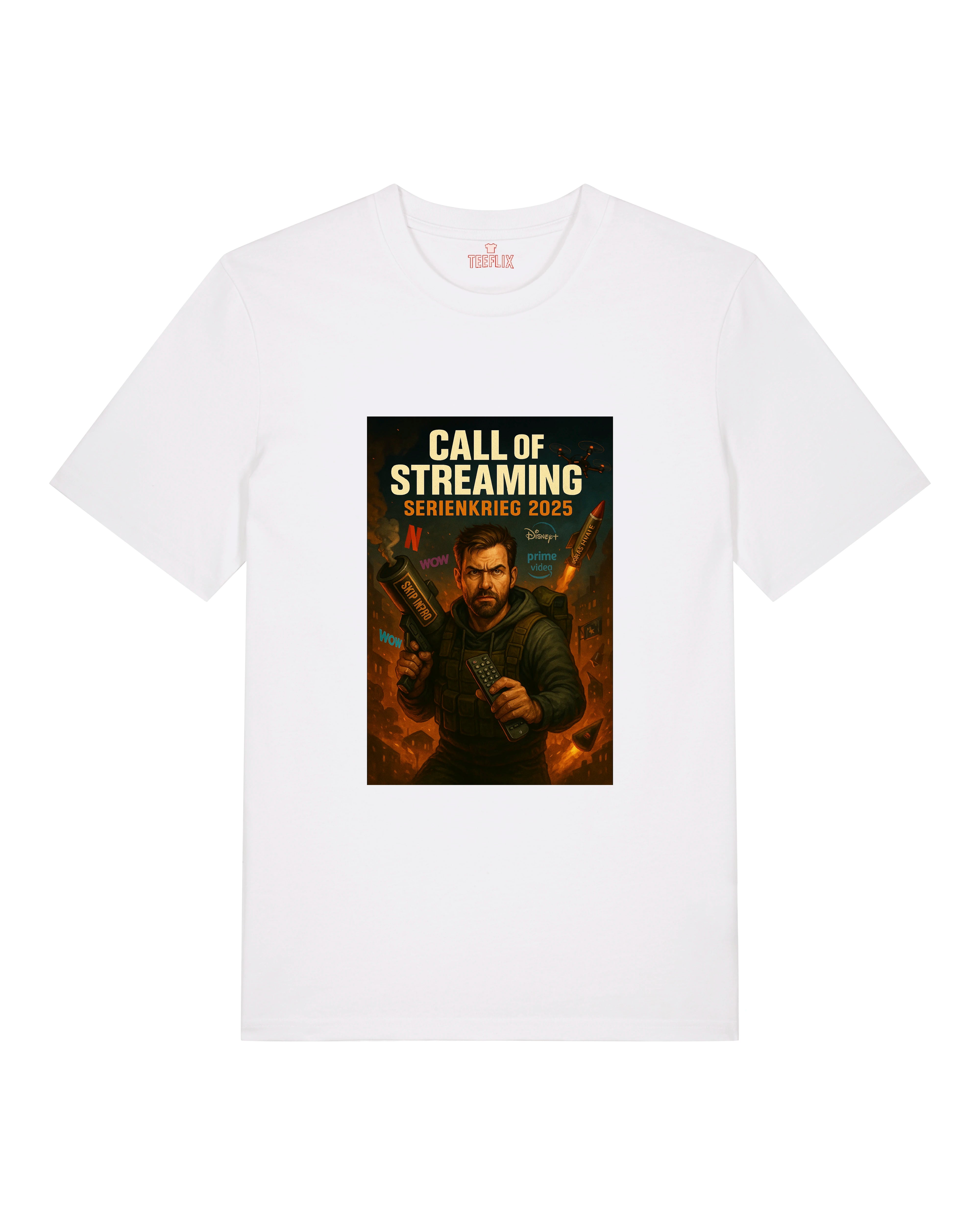 Weißes Shirt mit Comicmotiv: Actionfigur im Streamingkrieg gegen Logos wie Netflix, Prime Video, WOW, Disney+.